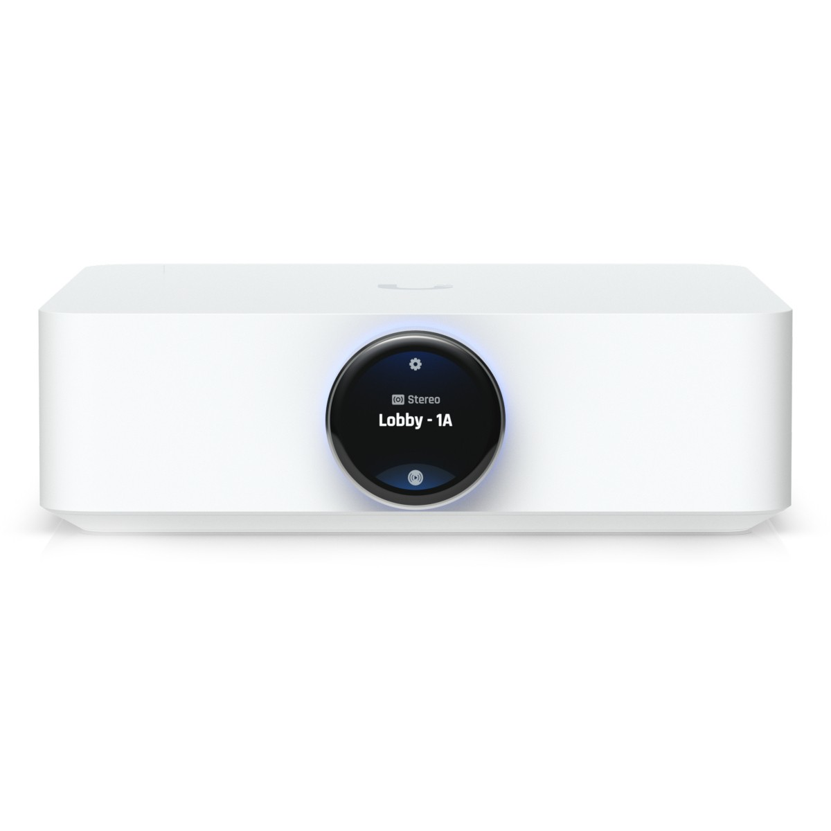 Un dispositivo bianco con uno schermo rotondo che mostra 'Stereo Lobby - 1A'.