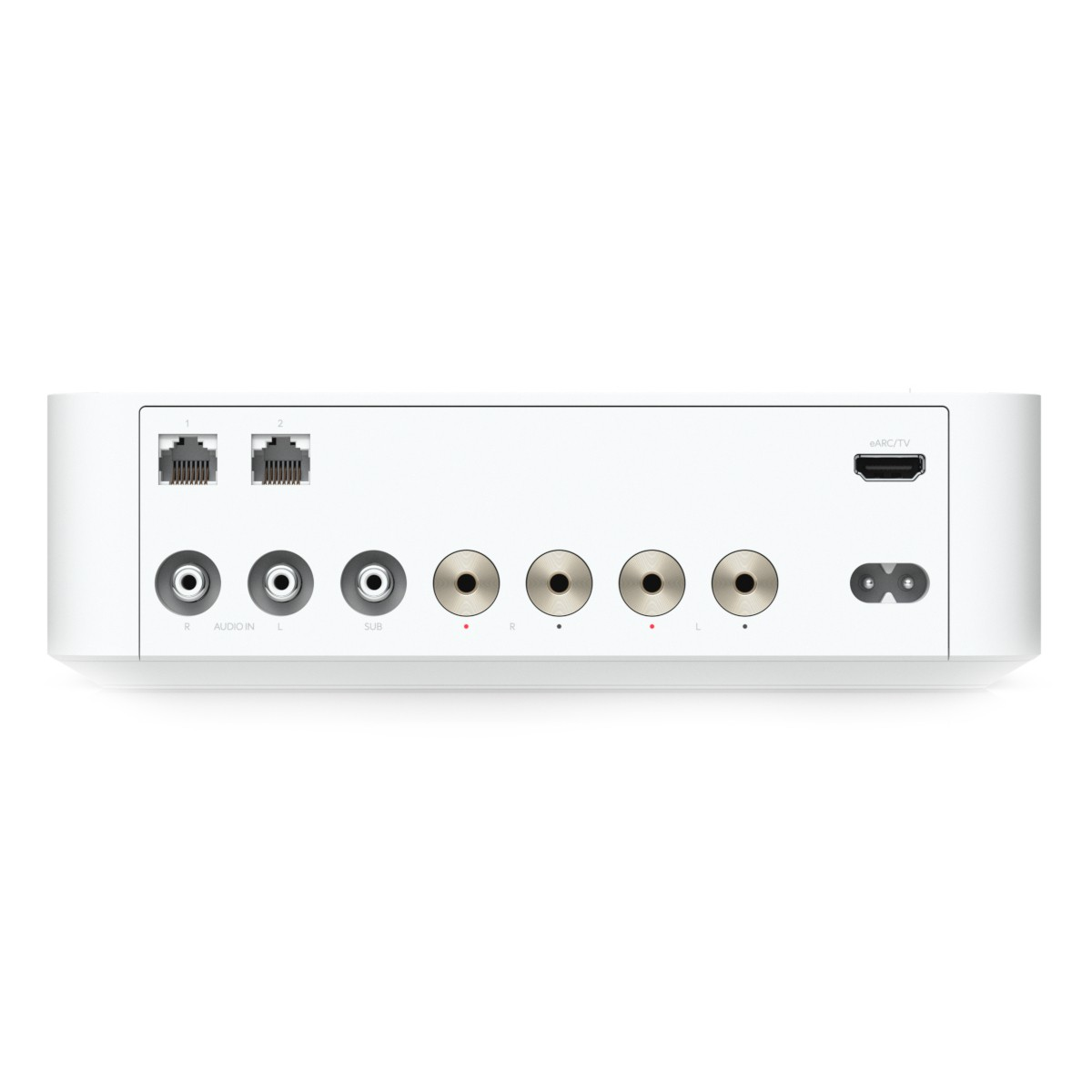 Retro del dispositivo bianco con porte: 2x Ethernet, Audio In, Sub, HDMI e ingresso alimentazione.