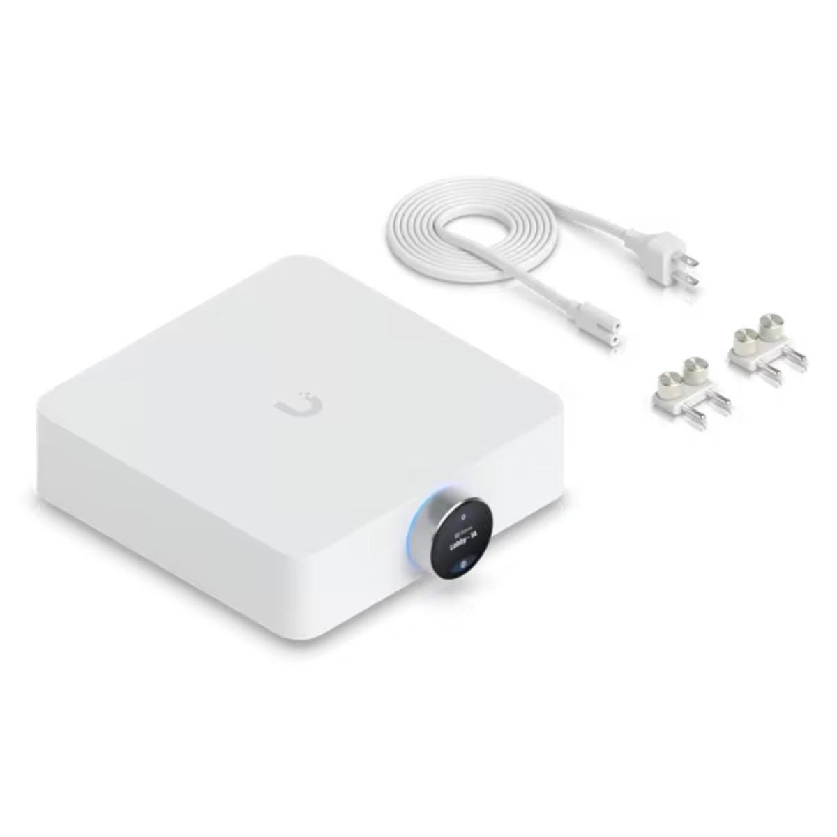 Un dispositivo rettangolare bianco con display rotondo e un cavo accanto.