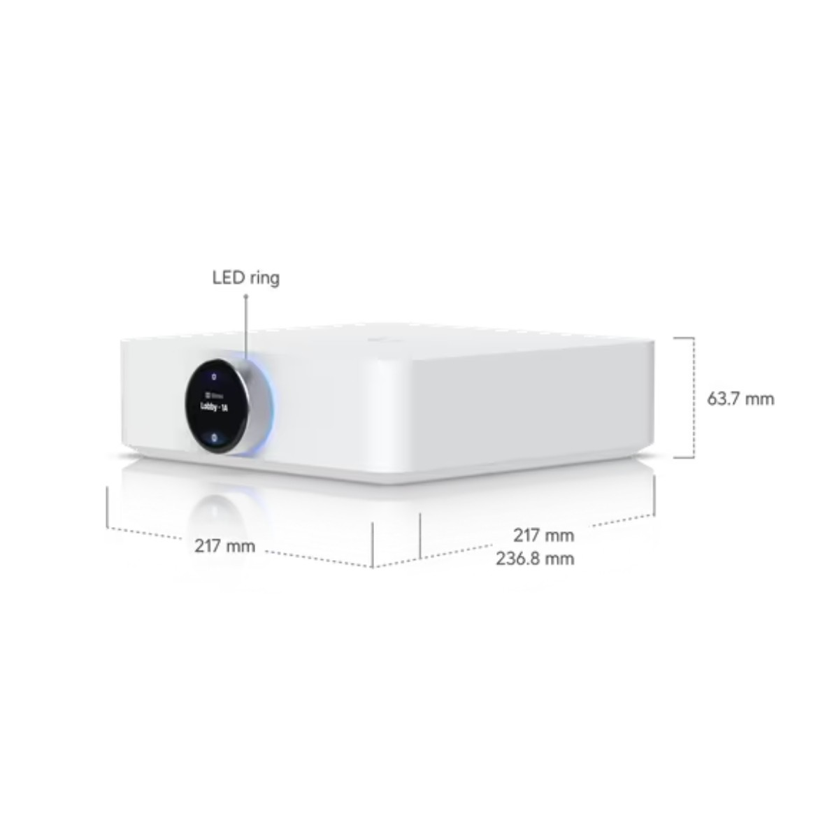 Un dispositivo rettangolare bianco con display rotondo e anello LED blu.