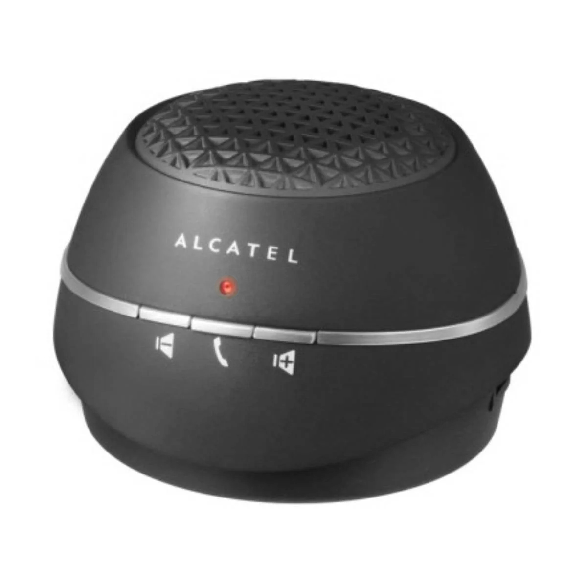 Un altoparlante Alcatel nero con accenti argentati e pulsanti.
