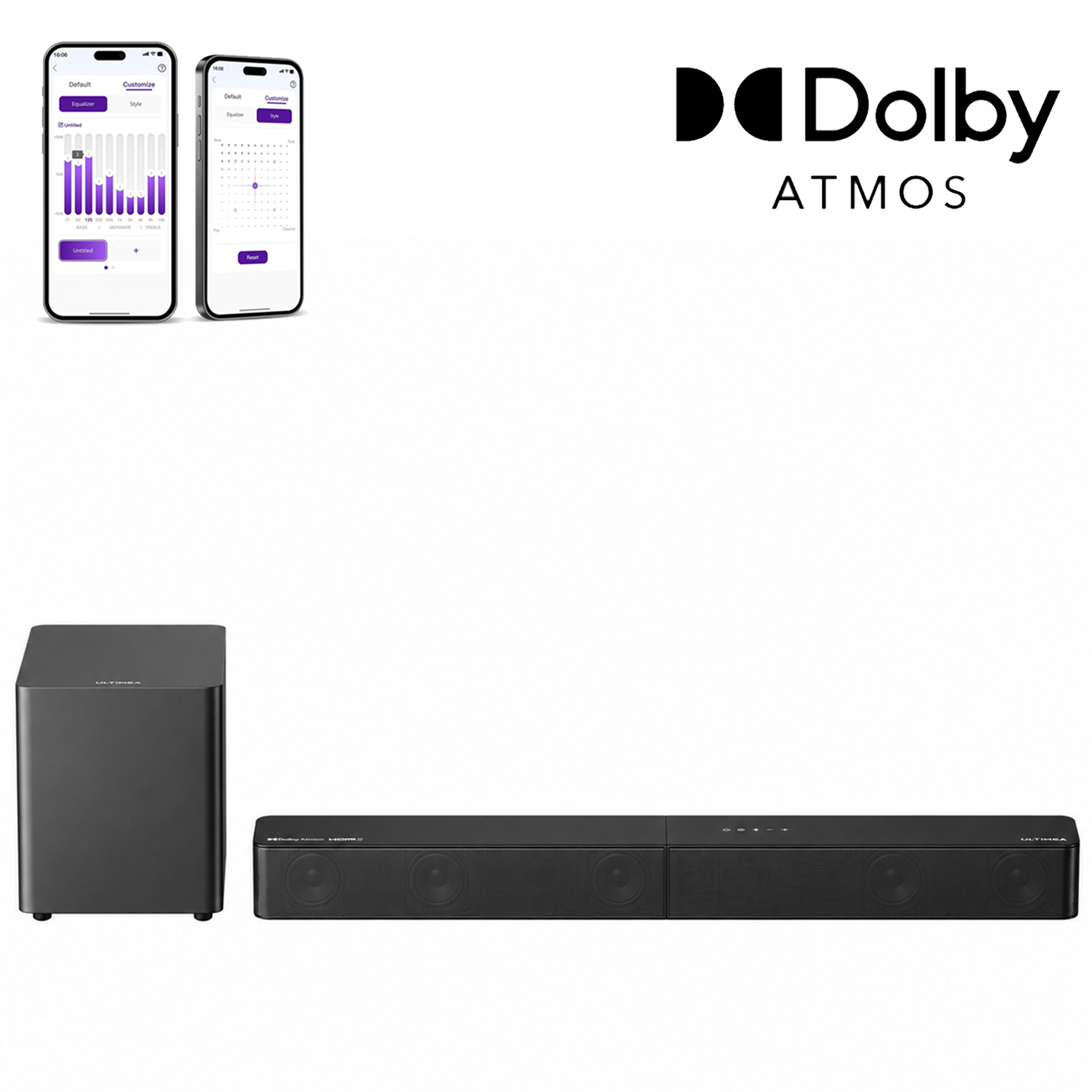 Altoparlanti Dolby Atmos neri con due iPhone che mostrano un'app.