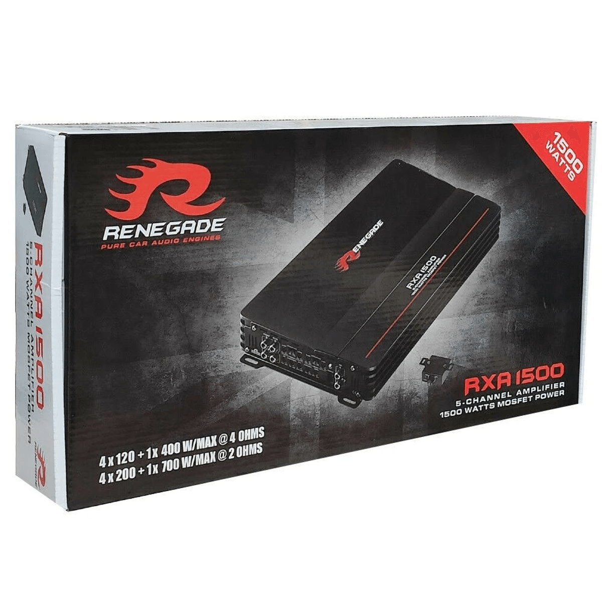 Verpackung eines schwarzen Renegade RXA 1500 5-Kanal-Verstärkers mit 1500 Watt.