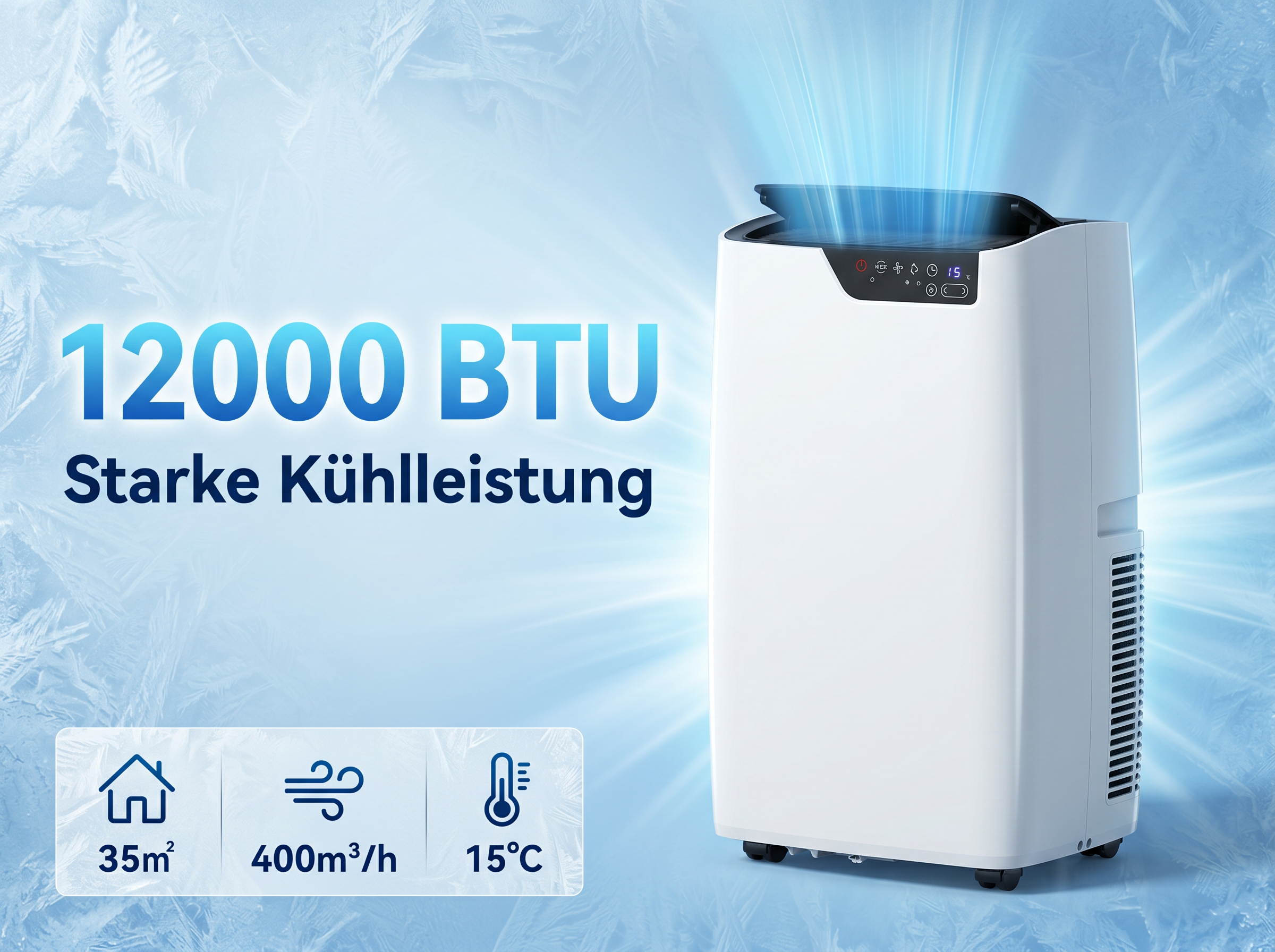 Ein weißer mobiler Klimaanlage mit 12000 BTU Kapazität.