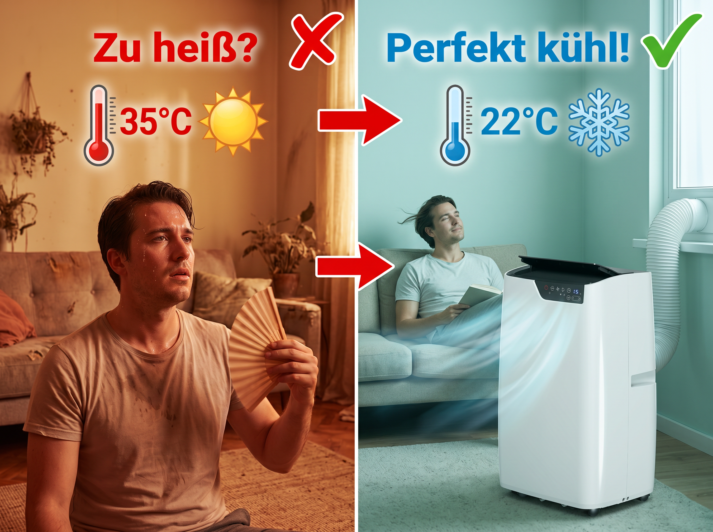 Mann schwitzt bei 35°C, dann entspannt bei 22°C mit Klimaanlage.
