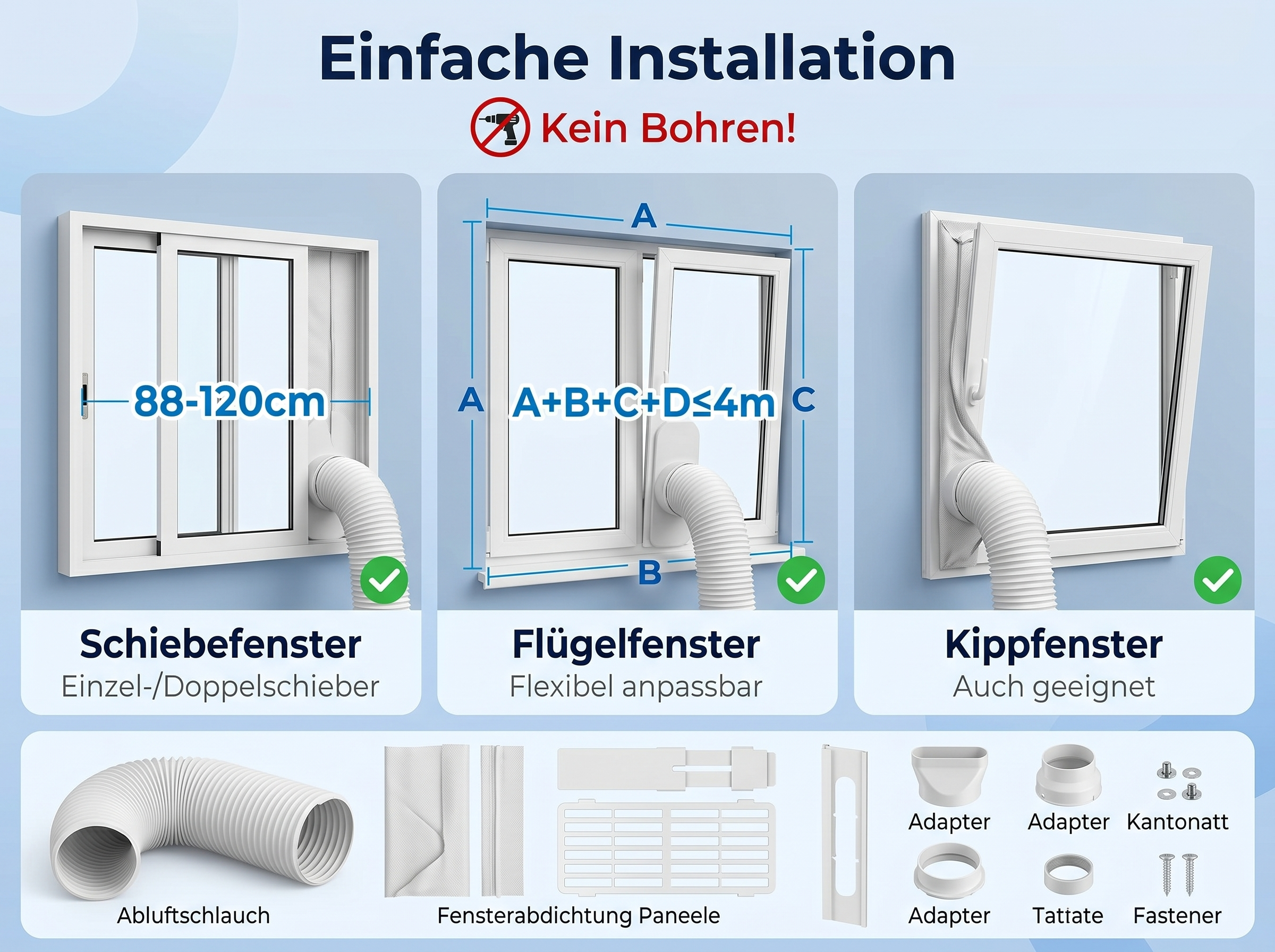 Fensterabdichtung für Klimaanlagen: Schiebe-, Kipp-, Flügelfenster.