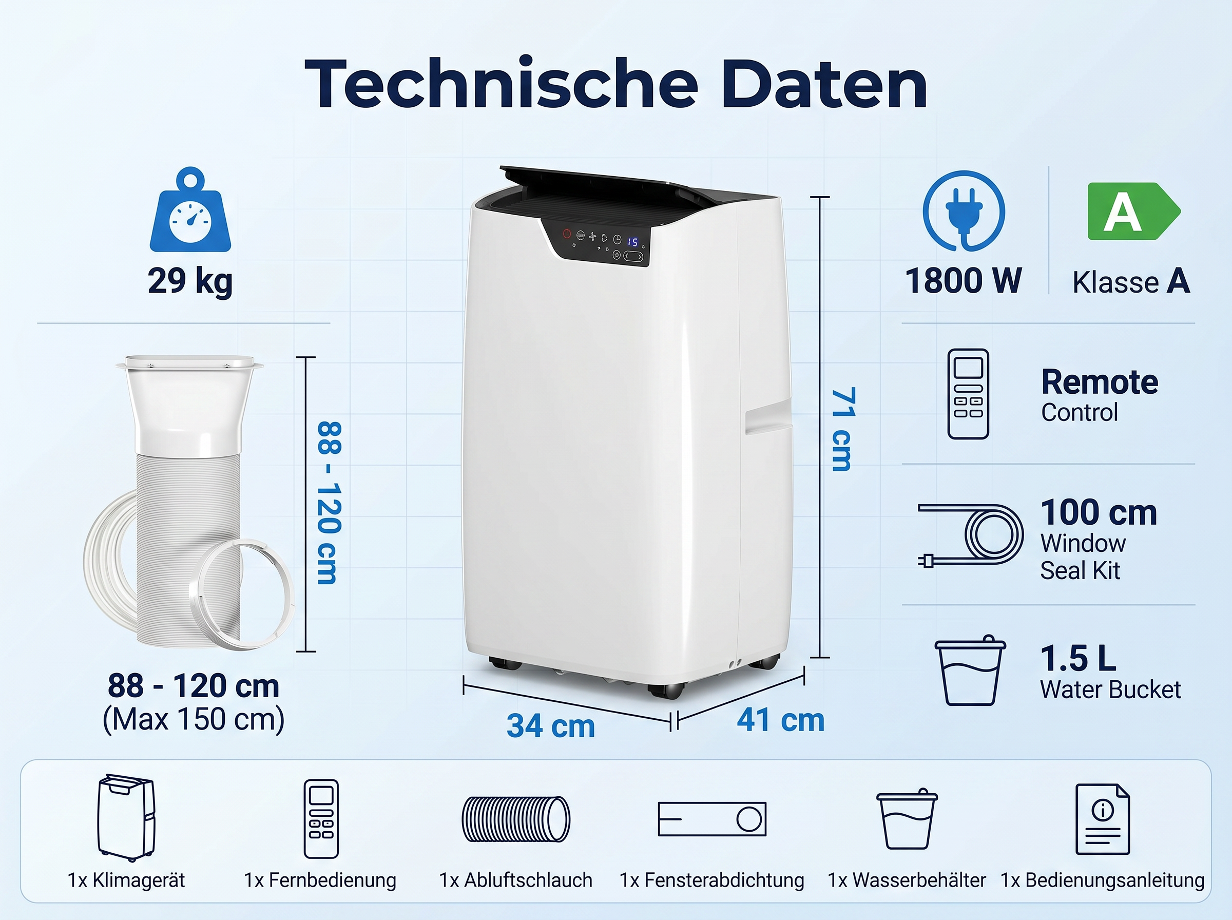 Technische Daten eines weißen Klimageräts mit Maßen und Zubehör.