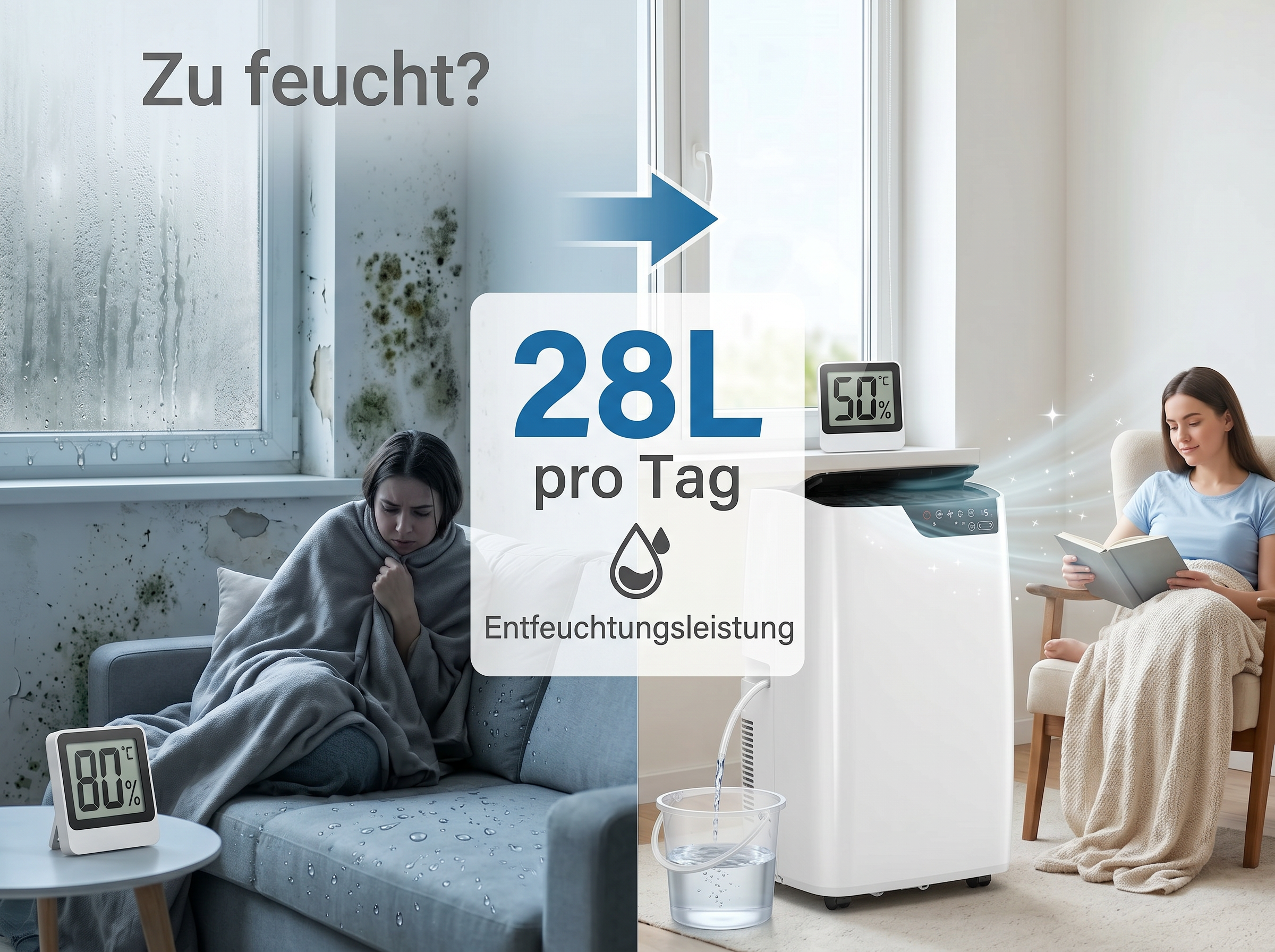 Vorher: feuchte, schimmelige Wand. Nachher: trockener Raum mit Luftentfeuchter.