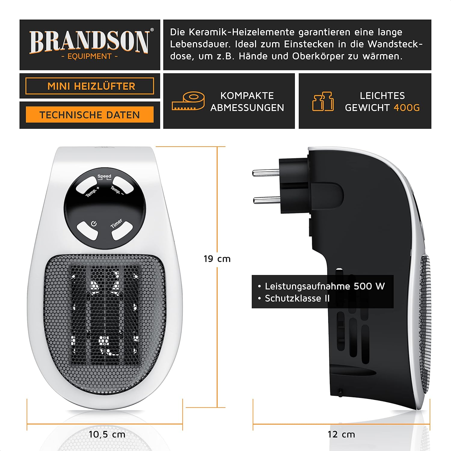 Ein weißer Brandson Mini Heizlüfter mit schwarzem Bedienelement und digitalen Anzeigen.