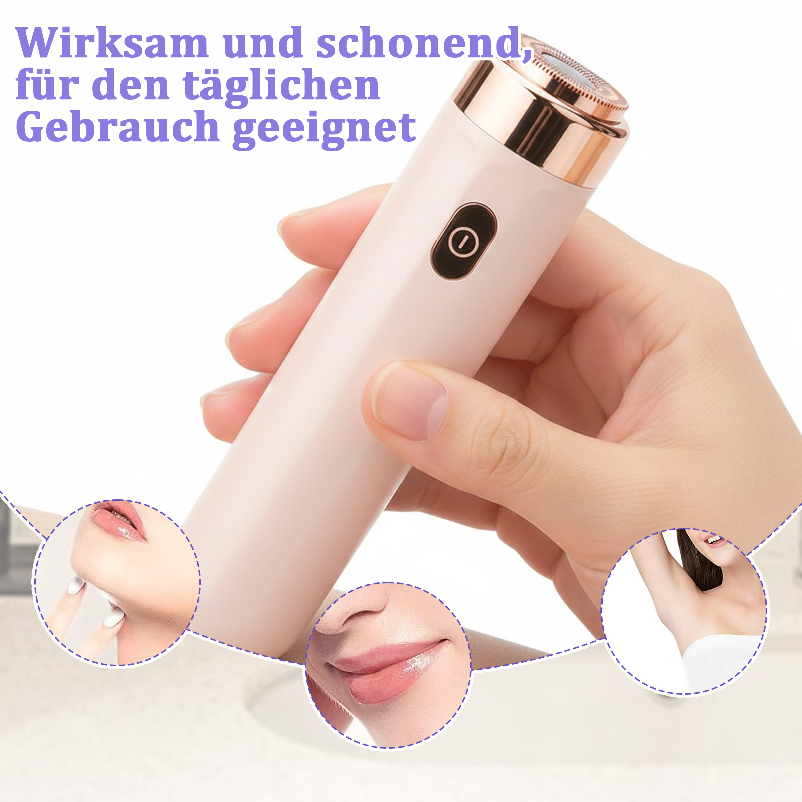 Eine Hand hält einen rosafarbenen Epilierer mit goldener Spitze. Detailansichten von Lippen, Kinn und Achsel.