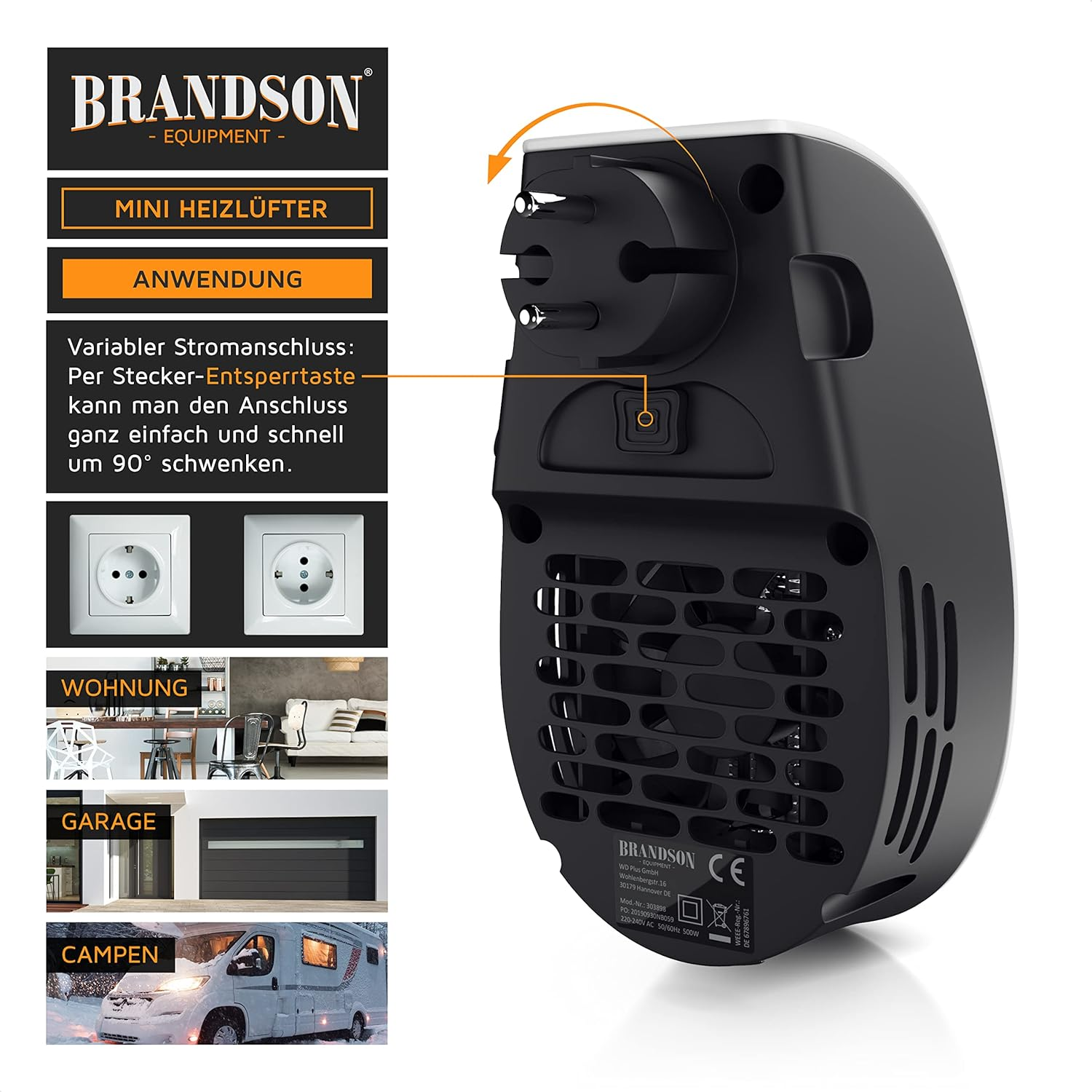 Ein schwarzer Brandson Mini Heizlüfter mit schwenkbarem Stecker, CE-Zeichen und Anwendungsbeispielen.