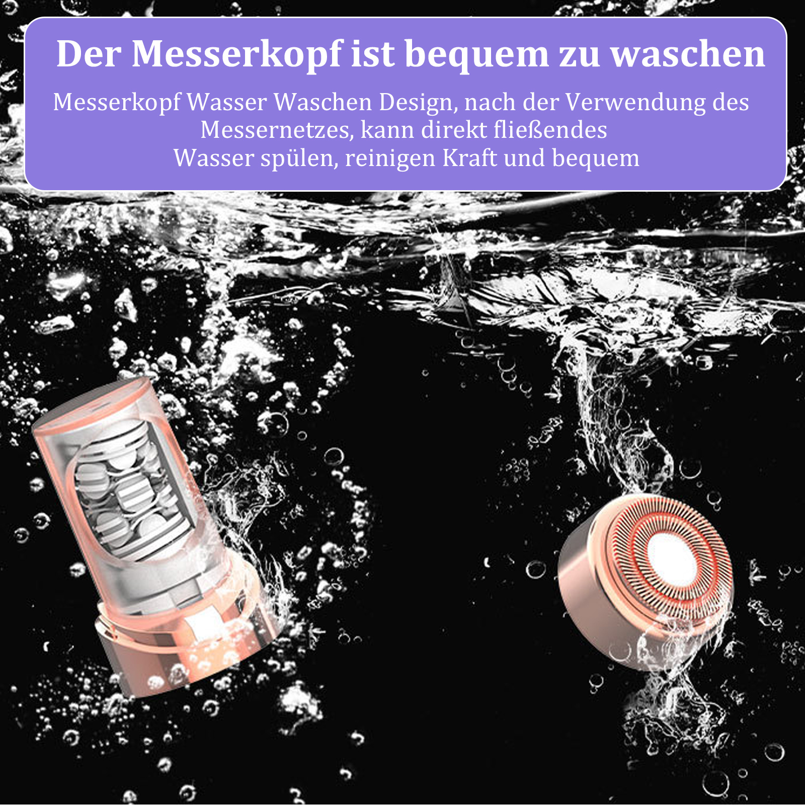 Zwei Rasierer-Köpfe in Wasser, einer transparent mit Klingen, der andere rosa mit Rotorblättern.