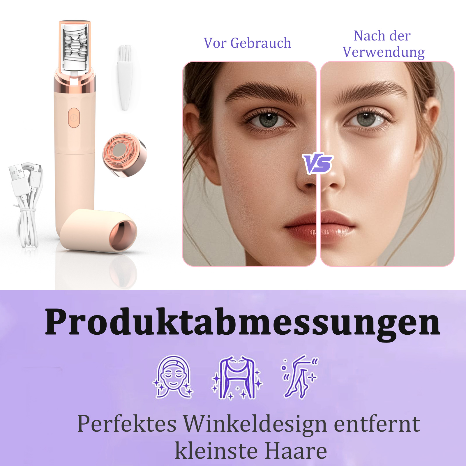 Ein rosa Haar-Entferner-Set mit USB-Kabel und Bürste. Vorher-Nachher-Gesichtsbilder.