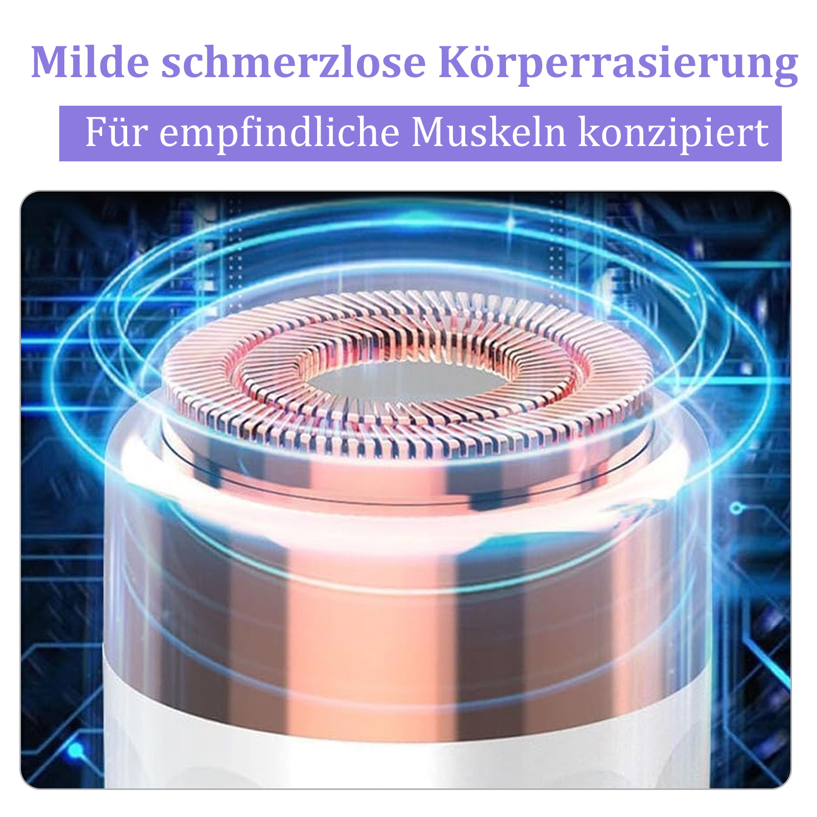 Elektrischer Epilierer mit rotierenden Spindeln und blauen Energiekreisen.