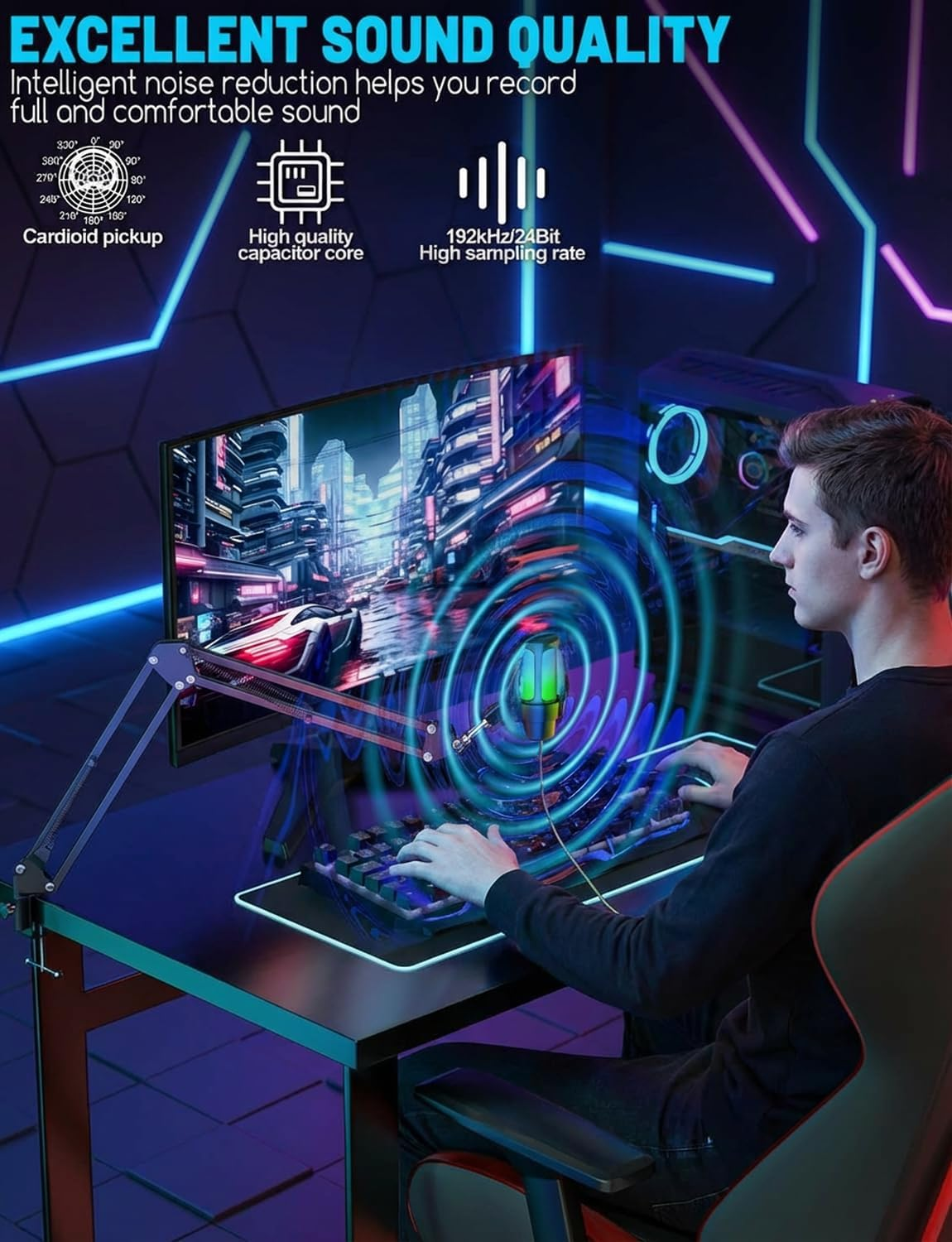 Mann am Schreibtisch mit Gaming-Setup, Mikrofon und Monitor mit futuristischer Stadt.