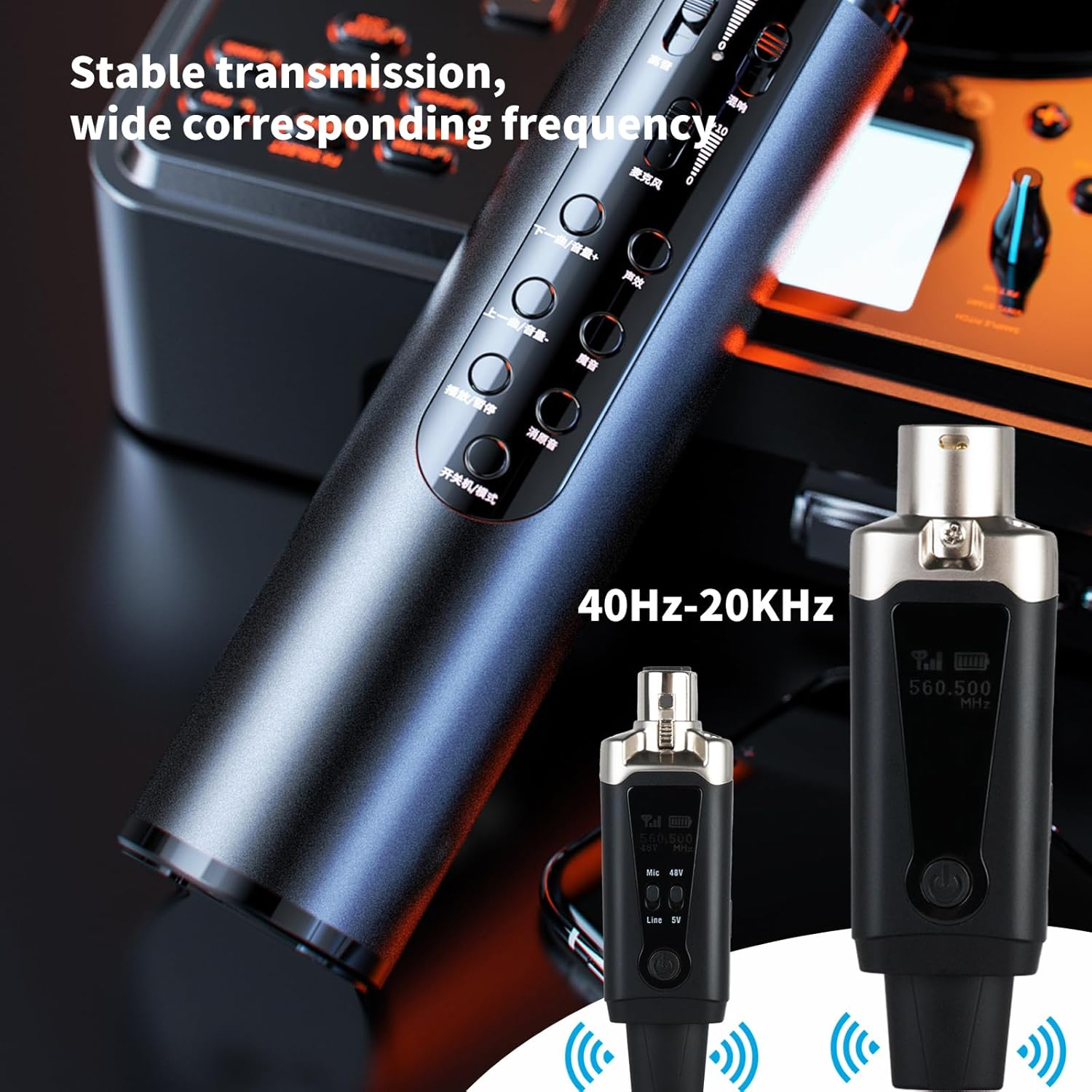 Drahtlose Mikrofone mit Displays, die Frequenzen anzeigen. 40Hz-20KHz.