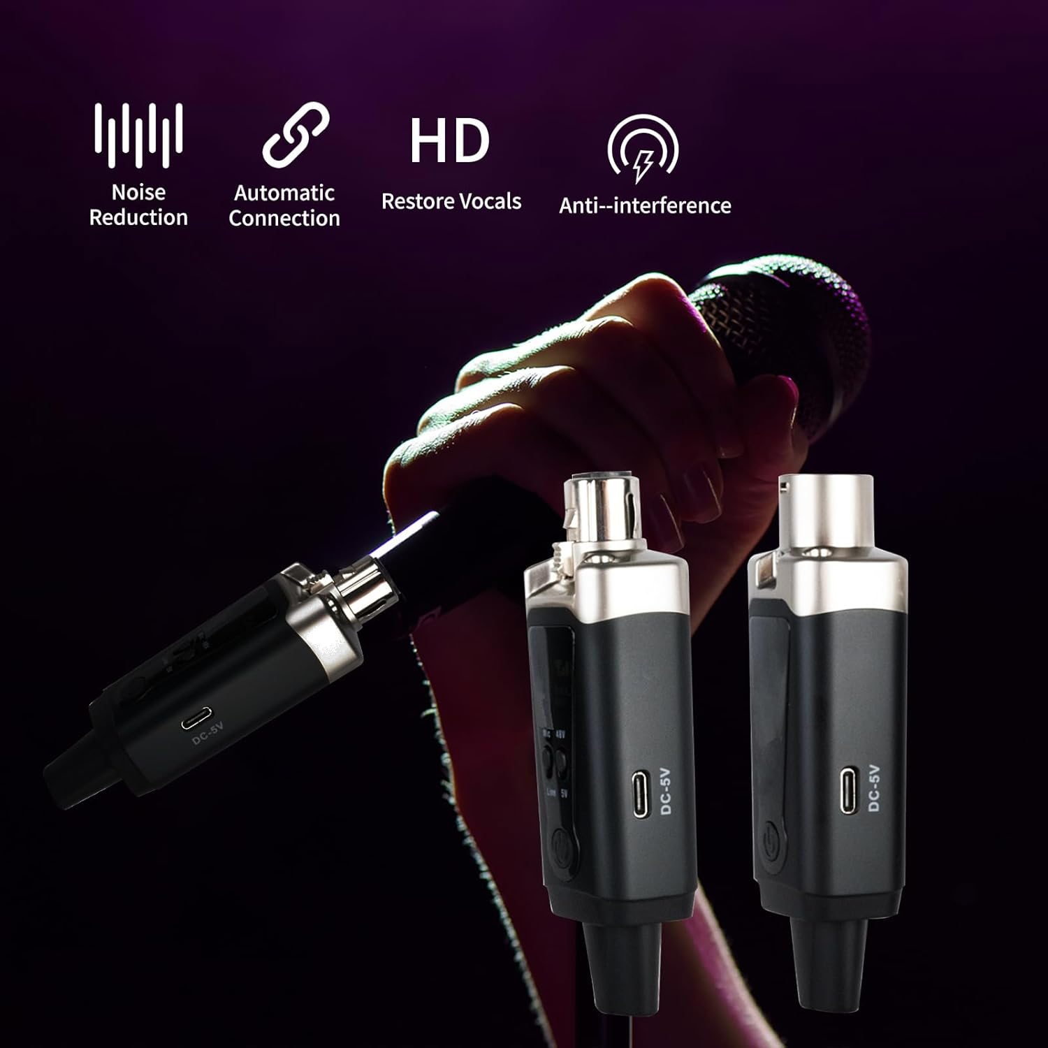 Drahtloser Mikrofonadapter mit DC-5V-Anschluss, Rauschunterdrückung, HD.