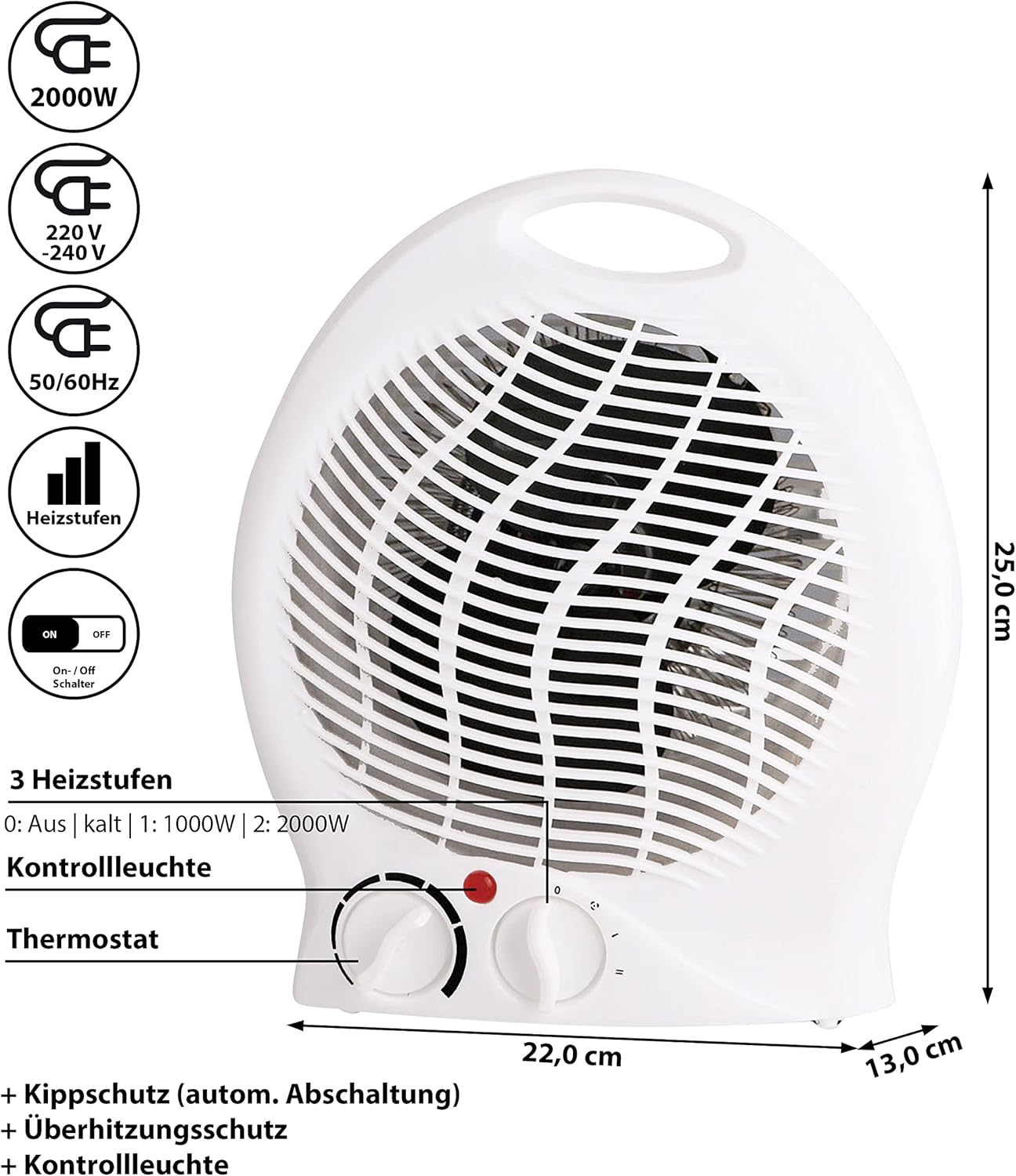 Weißer Heizlüfter mit 2000W, 220-240V, 50/60Hz, 3 Heizstufen und Thermostat.
