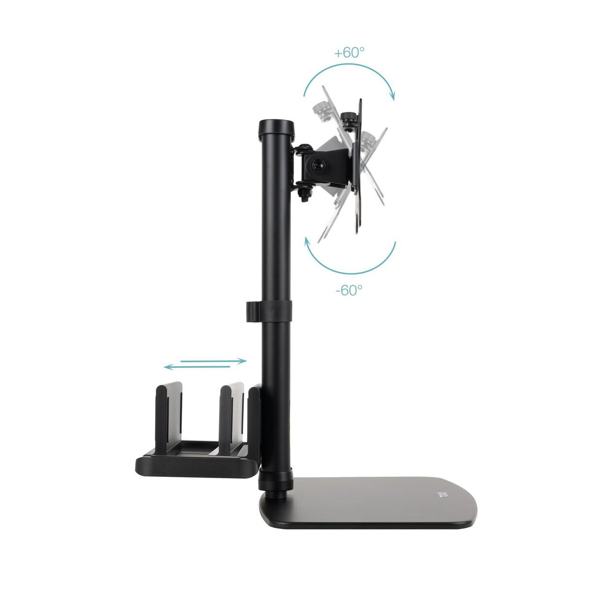 Schwarzer Monitorarm mit Schwenk- und Neigefunktion, auf flacher Basis.