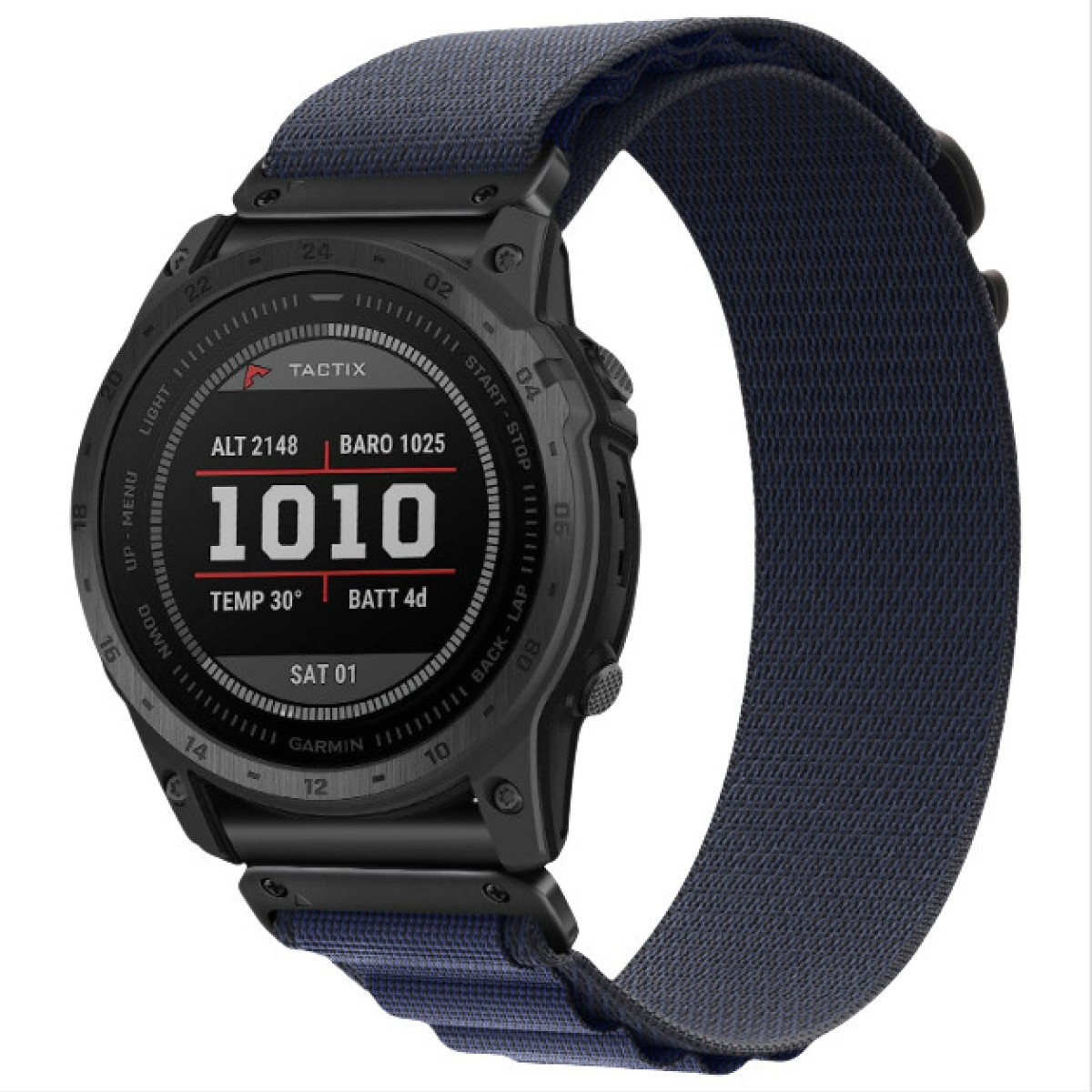 Smartwatch nero con cinturino in tessuto blu. Il display mostra dati meteo.