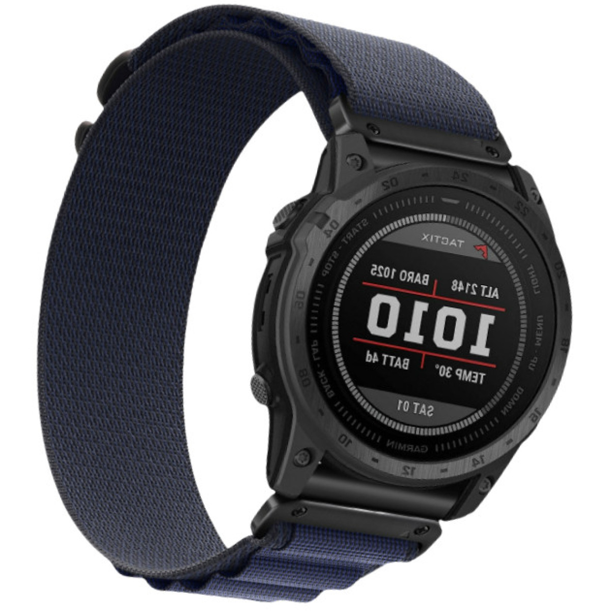 Smartwatch nero con cinturino in tessuto blu scuro. Lo schermo mostra testo e numeri rossi invertiti.