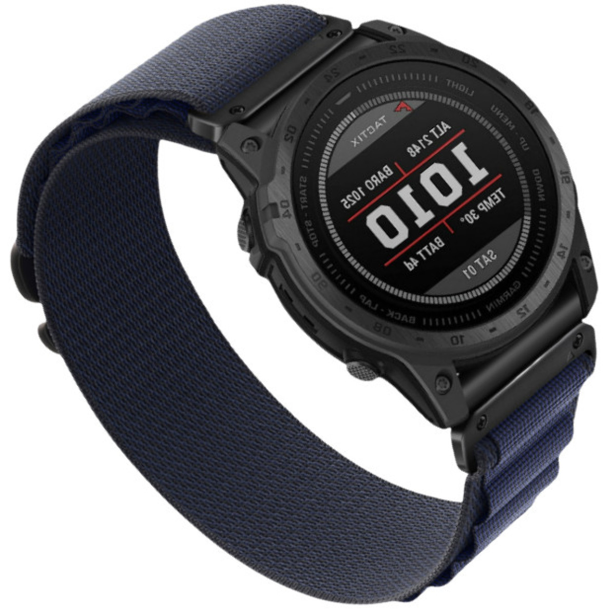 Smartwatch nero con cinturino in tessuto blu. Il display digitale mostra '1010' in rosso.