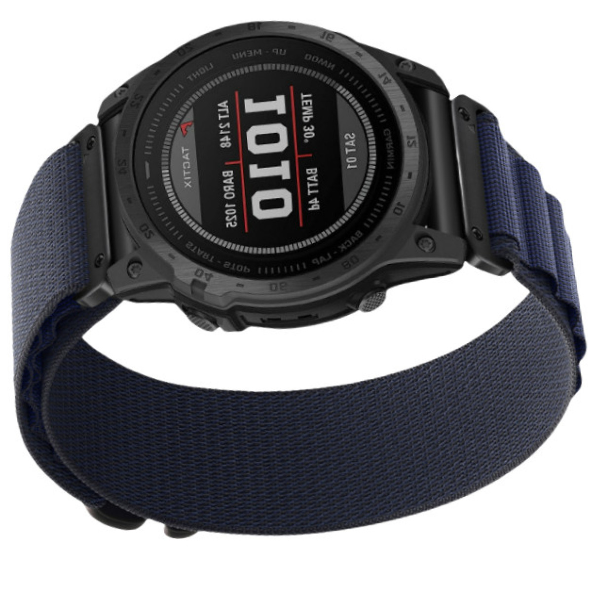 Uno smartwatch nero con cinturino in tessuto blu mostra le 10:10.