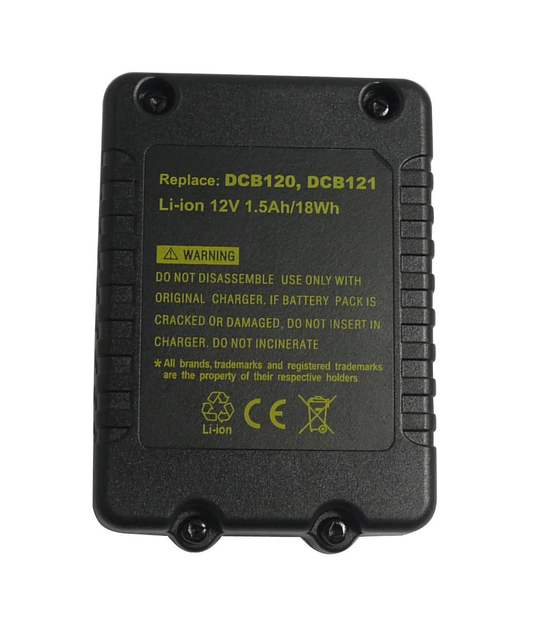 Schwarzer Akkupack mit Text: Ersetzen DCB120, DCB121 Li-ion 12V 1,5Ah/18Wh. Warnung.
