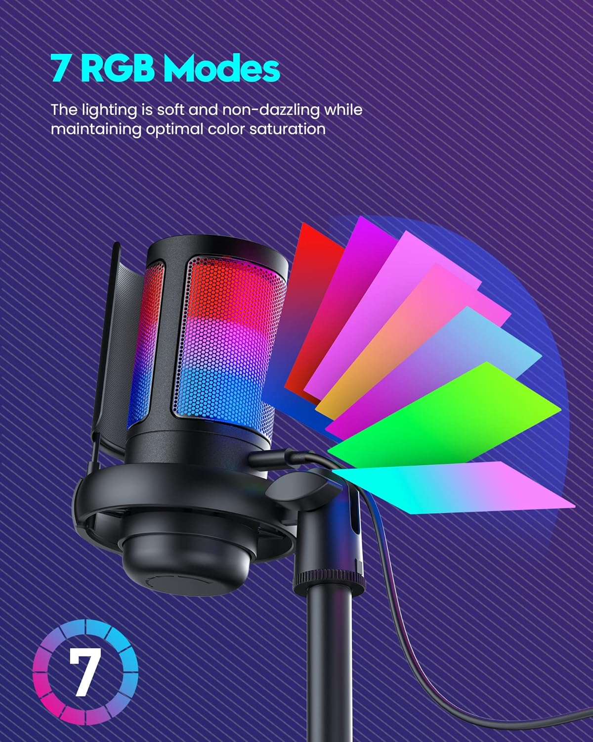 Ein Mikrofon mit 7 RGB-Lichtmodi auf einem Ständer, beleuchtet mit bunten Farben.