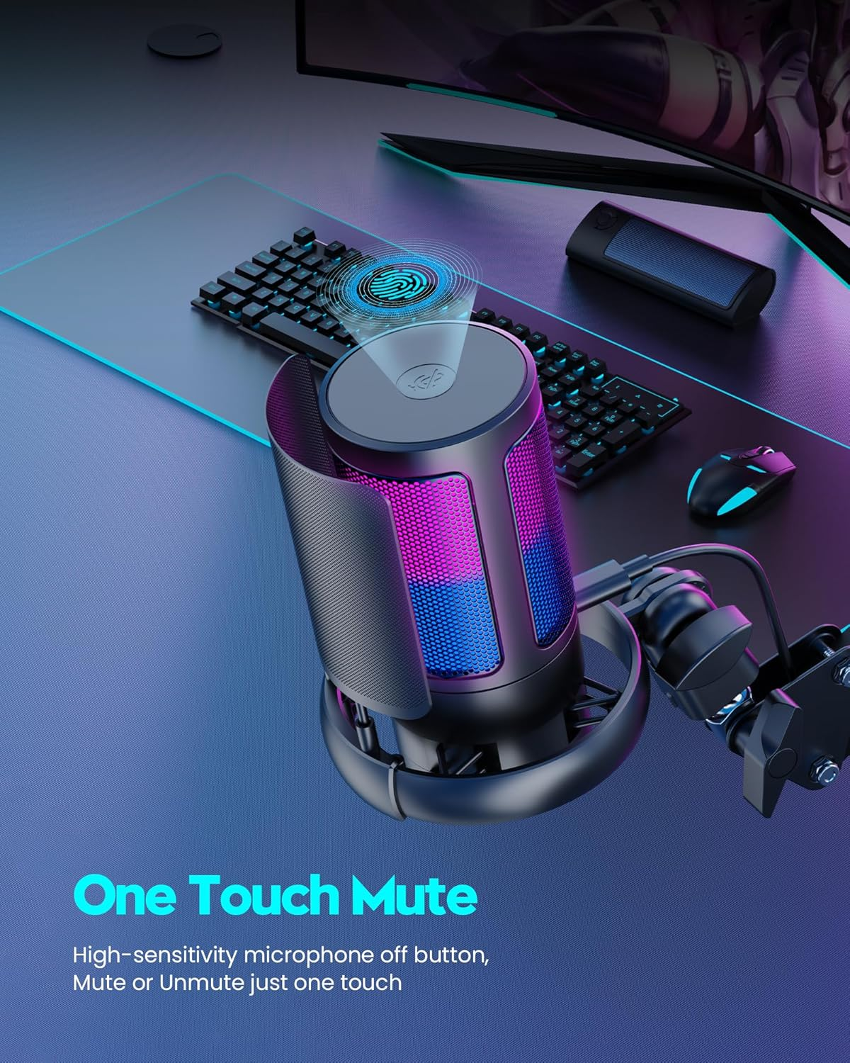 Ein Mikrofon mit Fingerabdruck-Symbol und RGB-Beleuchtung, Tastatur und Maus.