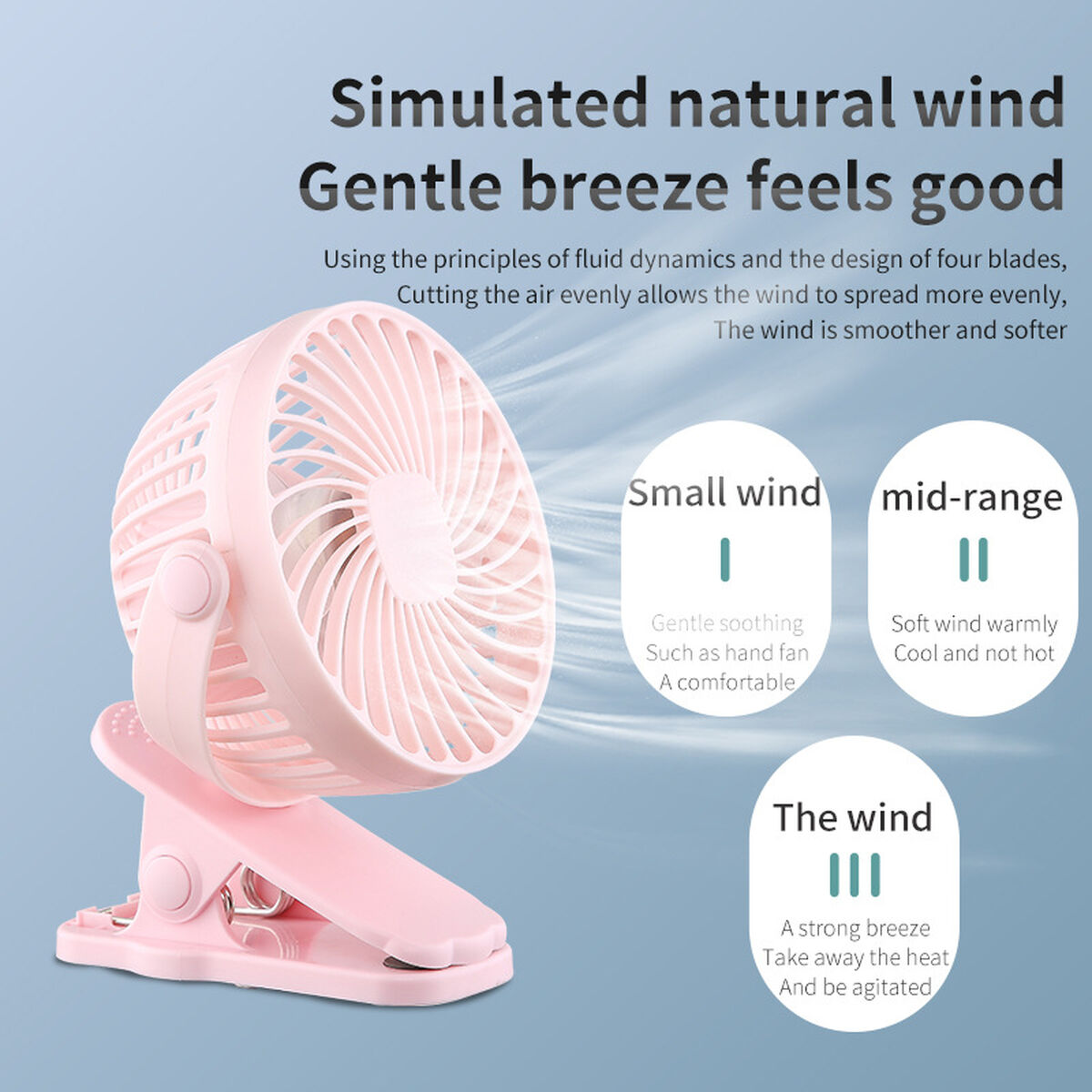 Ein kleiner rosa Ventilator mit Klemme, der sanften Wind erzeugt.