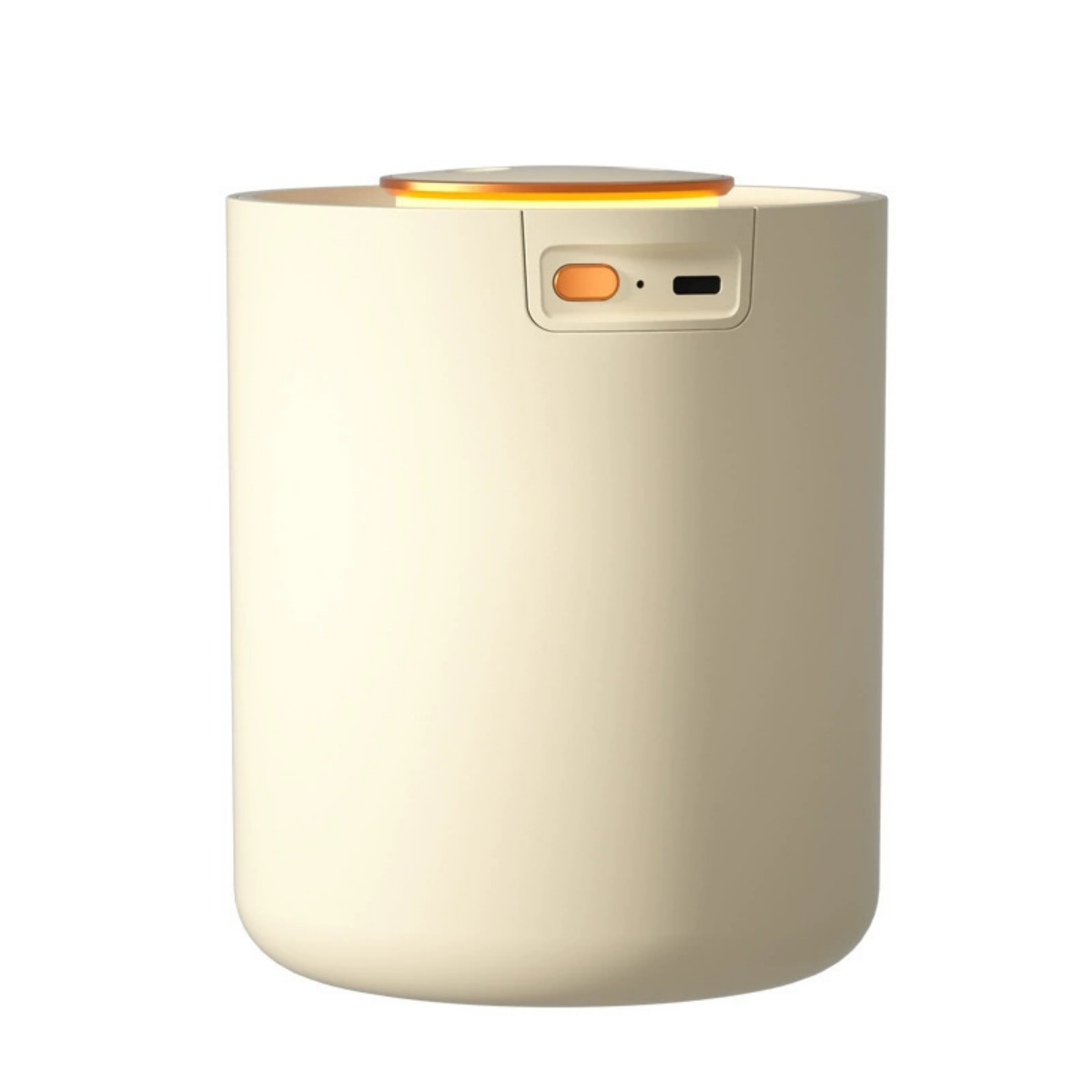 Eine cremefarbene zylindrische Humidifier mit orangefarbenem Ring und Bedienelementen.
