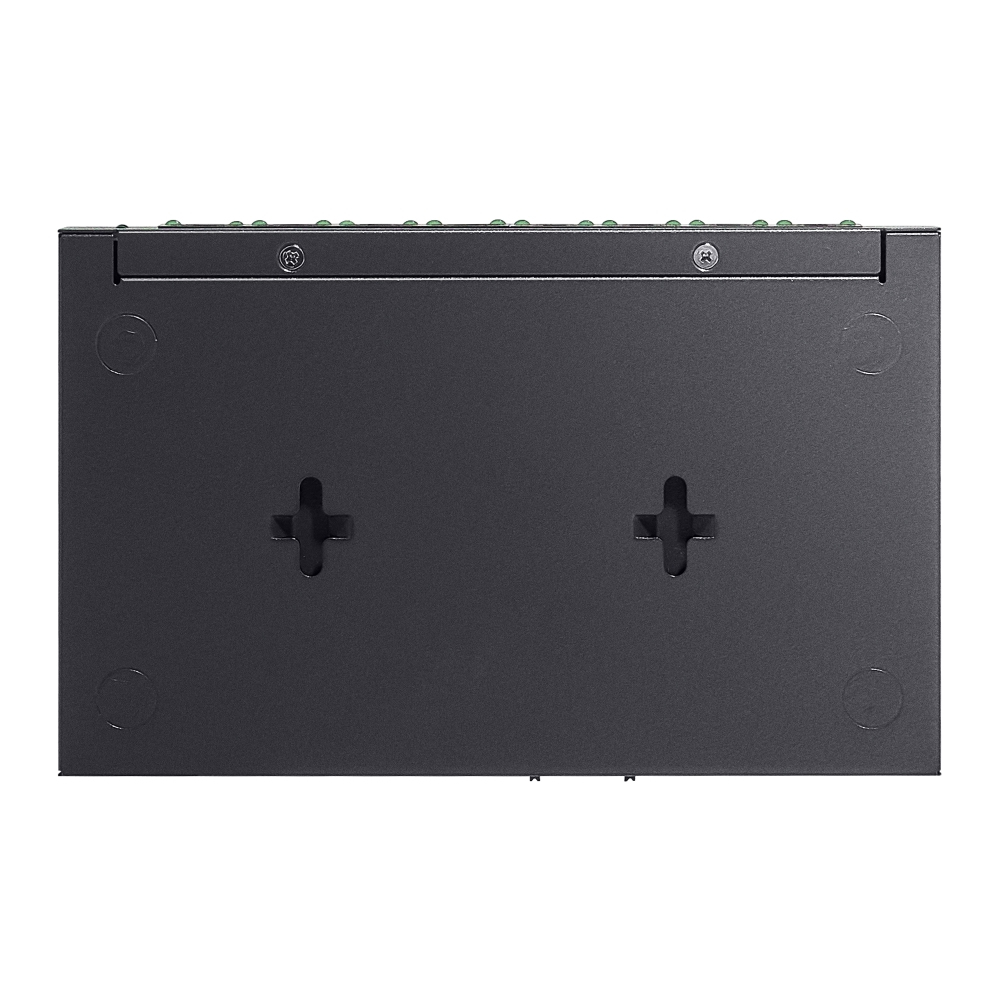 Schwarzes Netzwerkgerät mit grünen LEDs oben und zwei Schlüsselloch-Aufhängungen.