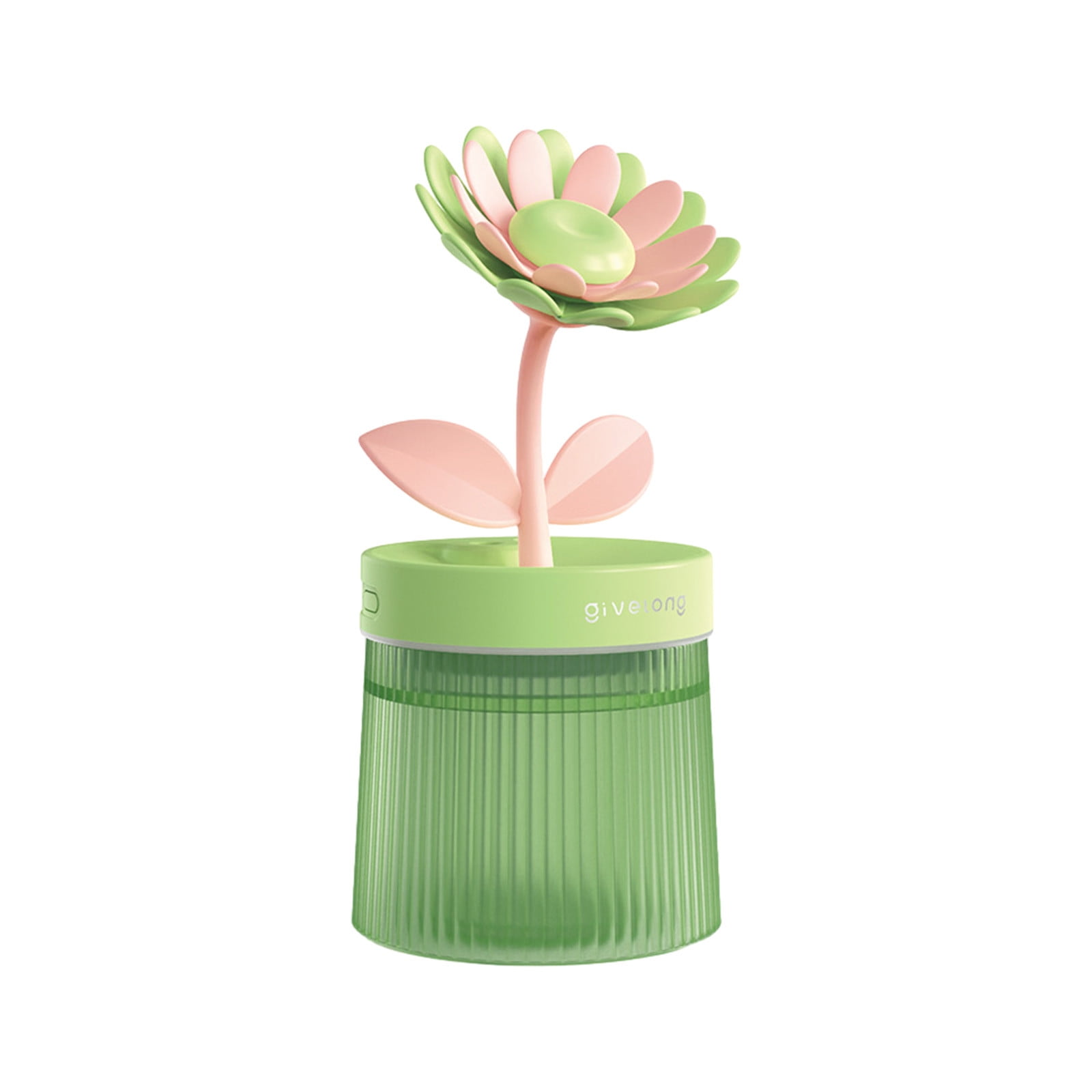 Grüner Behälter mit einem stilisierte Blume mit rosa und grünen Blütenblättern.