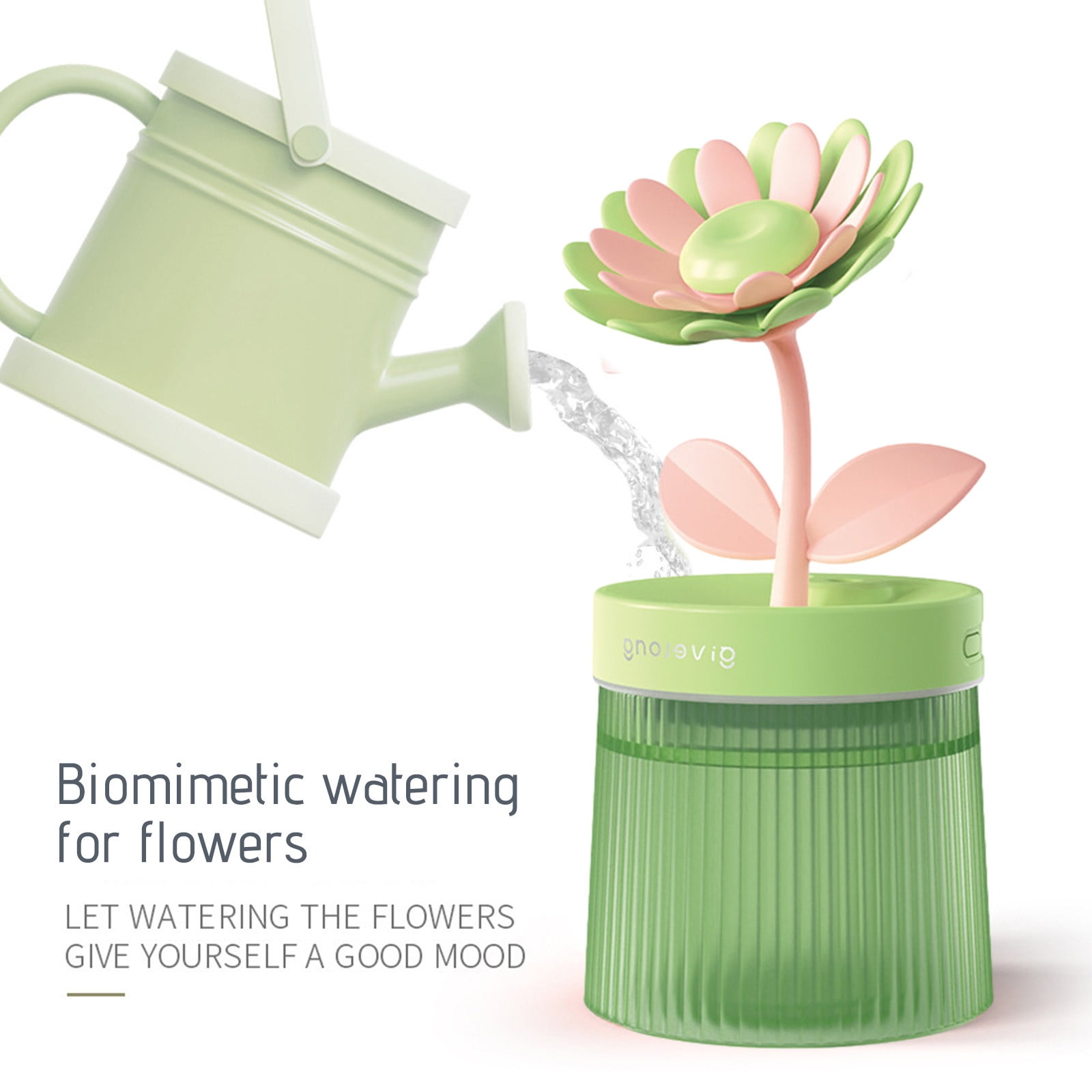 Eine grüne Gießkanne gießt Wasser auf eine rosafarbene und grüne Blumenpflanze in einem Topf.