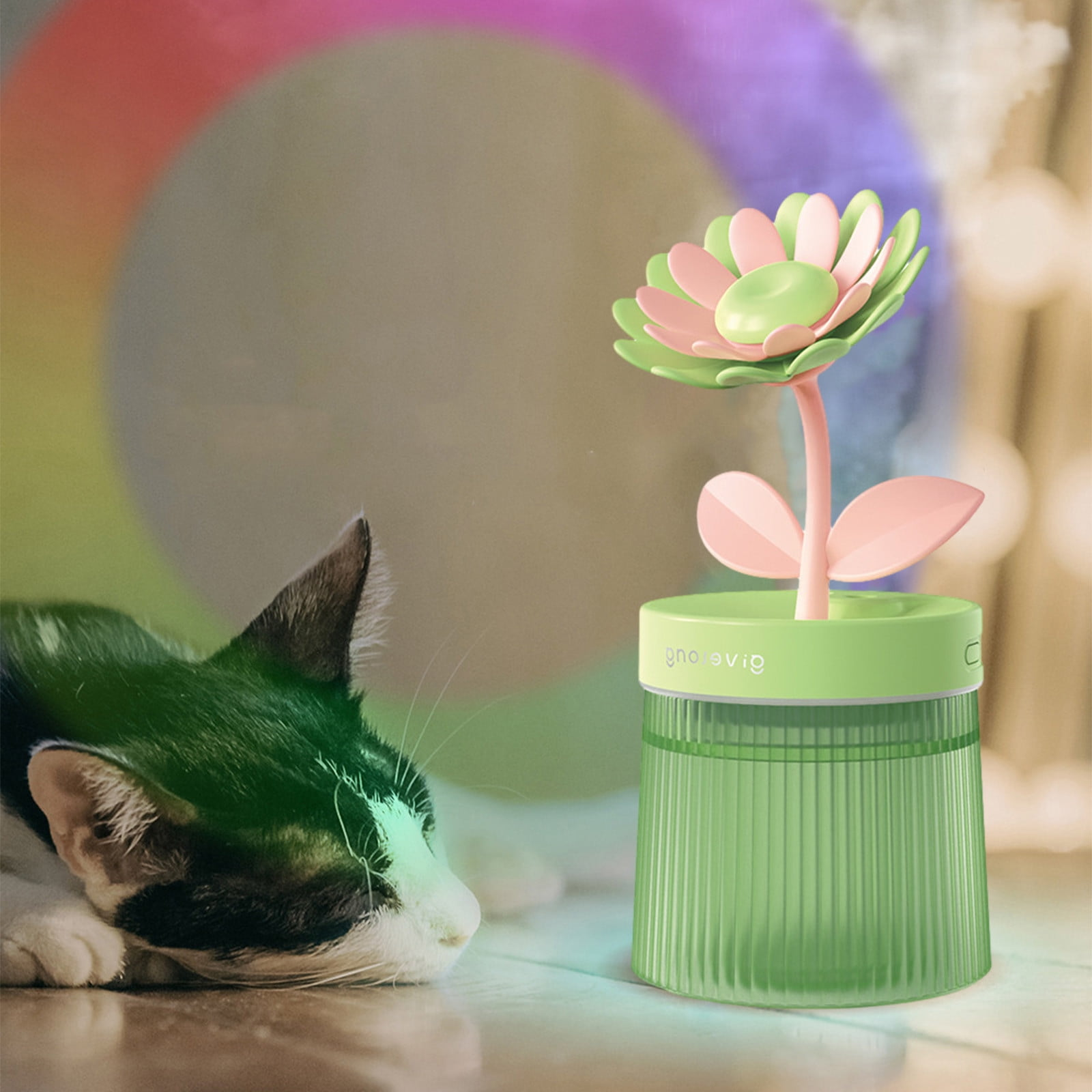 Eine Katze liegt neben einem grünen Diffusor in Blumenform. Farbiger Lichtkreis im Hintergrund.