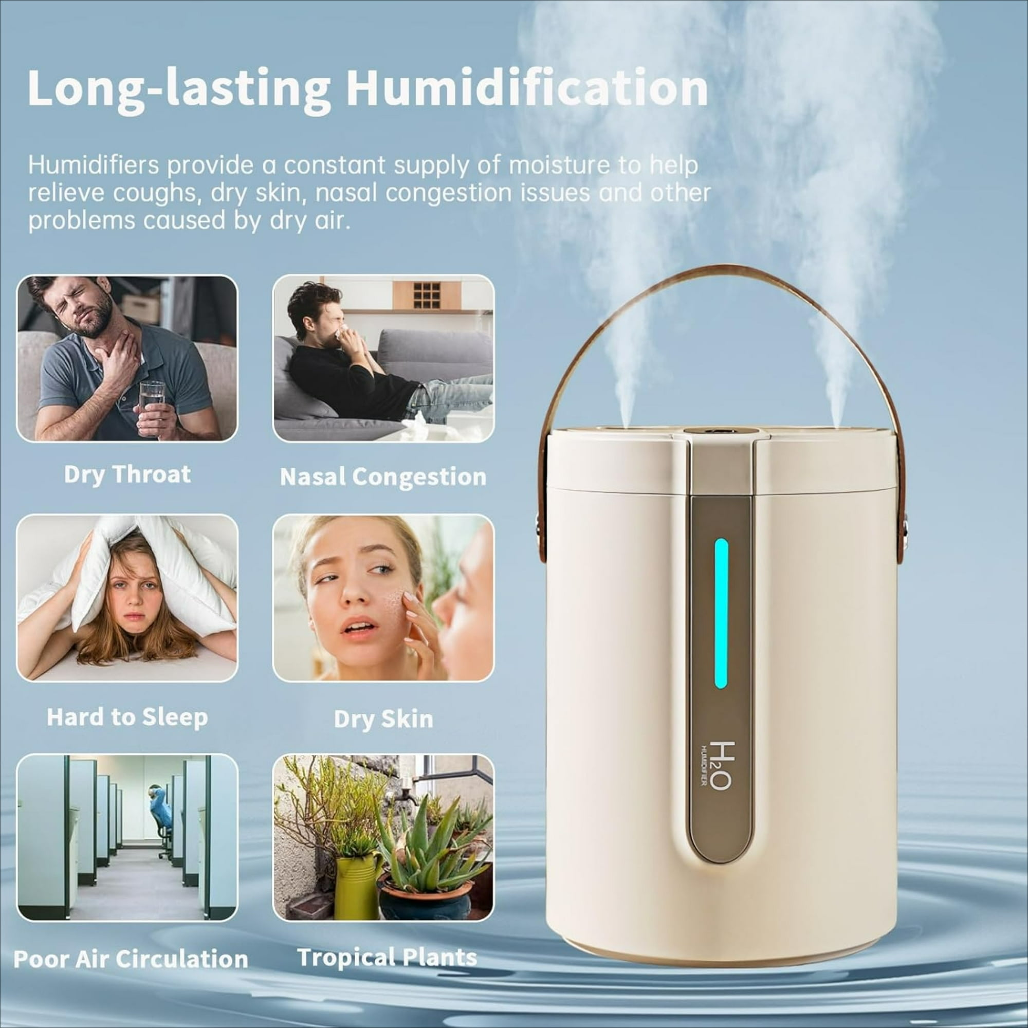 Ein beigefarbener Luftbefeuchter mit Wasserdampf und Bildern von gesundheitlichen Problemen.
