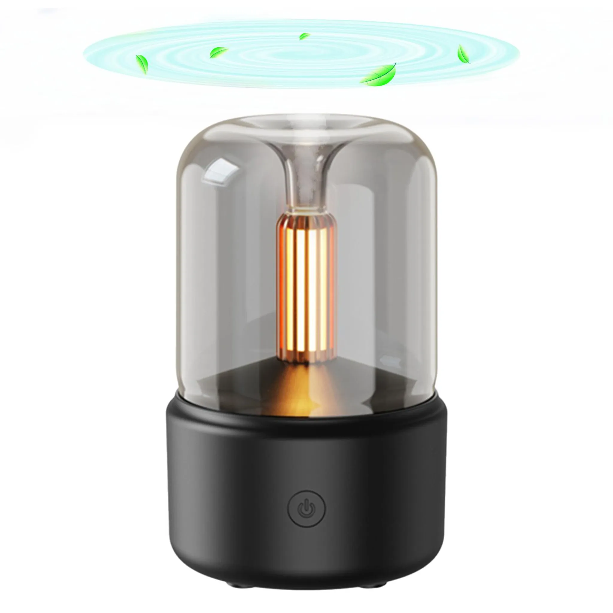 Ein diffuser mit einem schwarzen Sockel und einem Glaszylinder, der ein orangefarbenes Licht ausstrahlt.