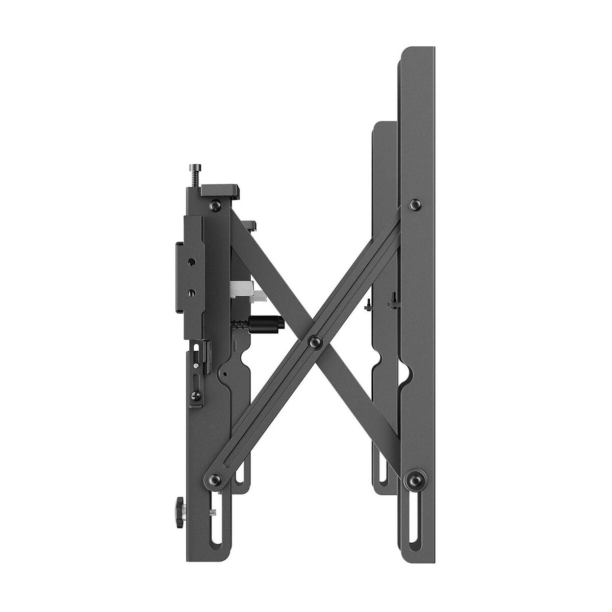 Ein grauer, verstellbarer Wandhalter für Bildschirme mit X-förmiger Stützstruktur.