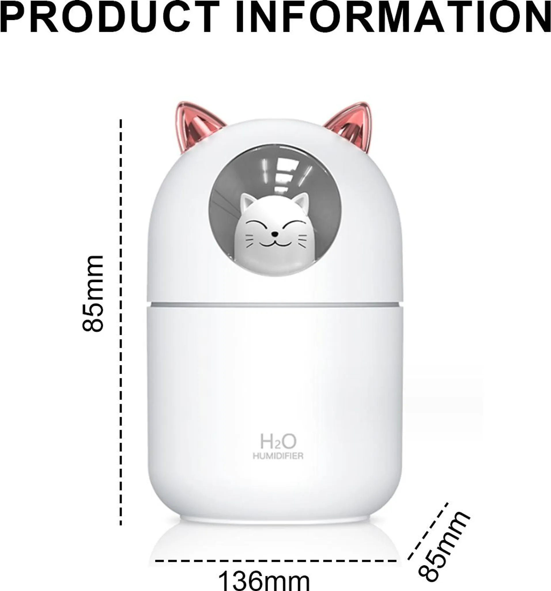 Weißer Luftbefeuchter in Katzenform mit rosafarbenen Ohren und H2O-Logo.