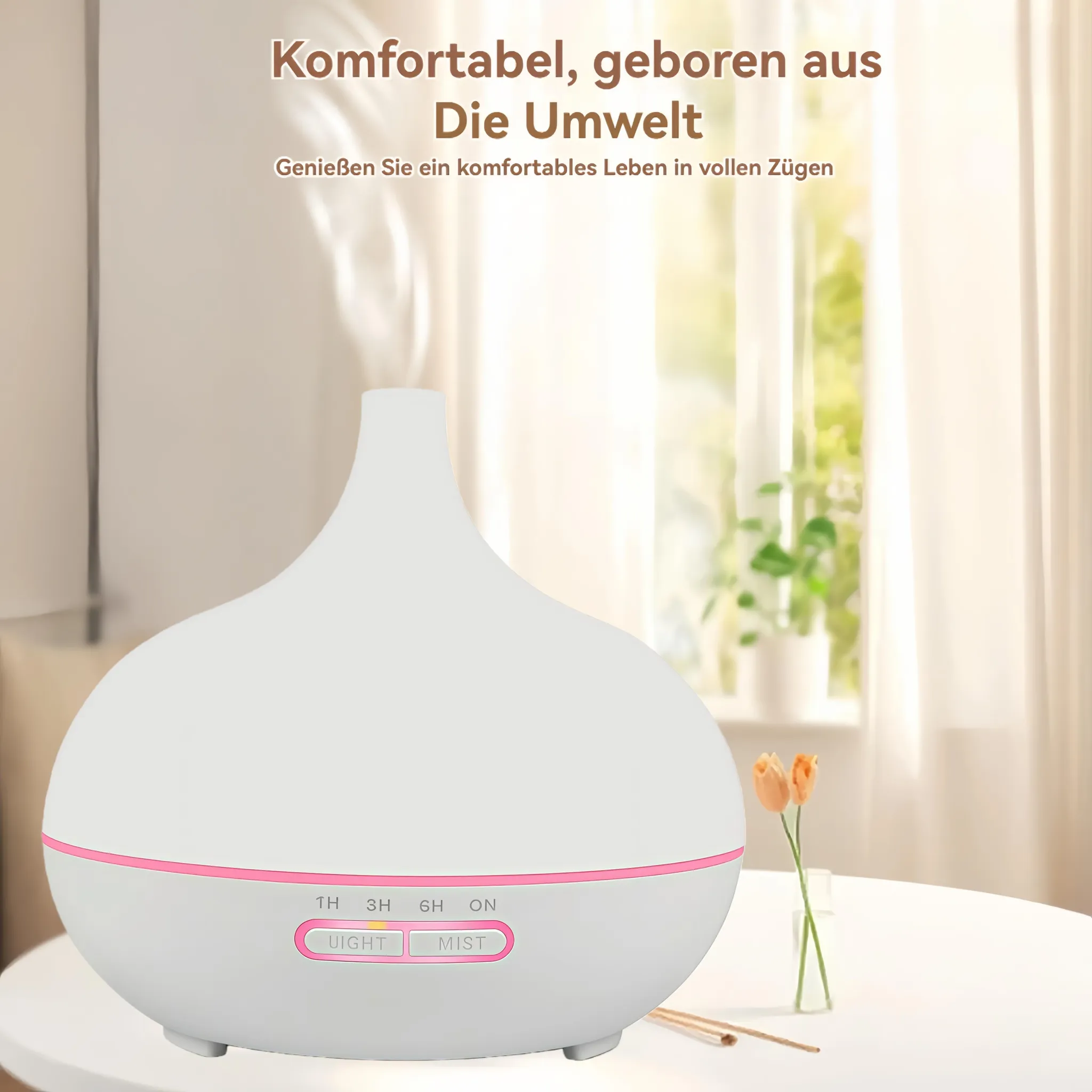 Ein weißer Diffusor mit rosa Akzenten steht auf einem Tisch mit Blumen.