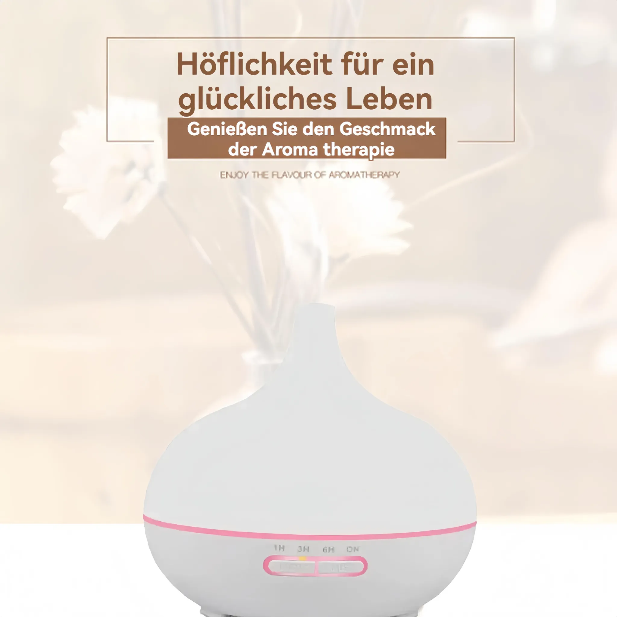 Ein weißer Diffusor mit rosafarbenem Band und Bedienknöpfen.