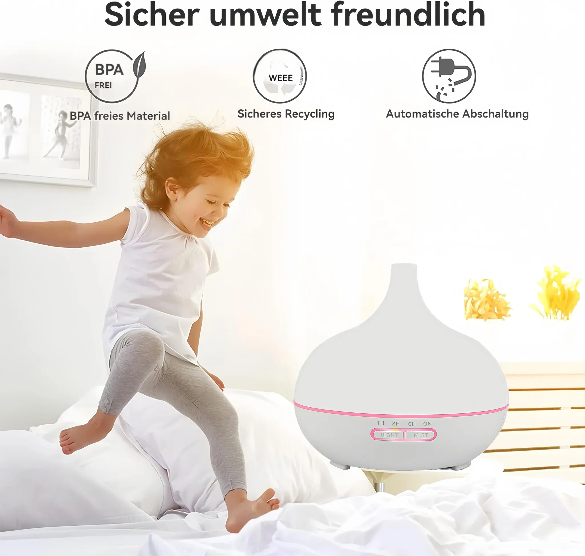 Ein lächelndes Mädchen springt auf einem Bett, neben einem weißen Diffusor.