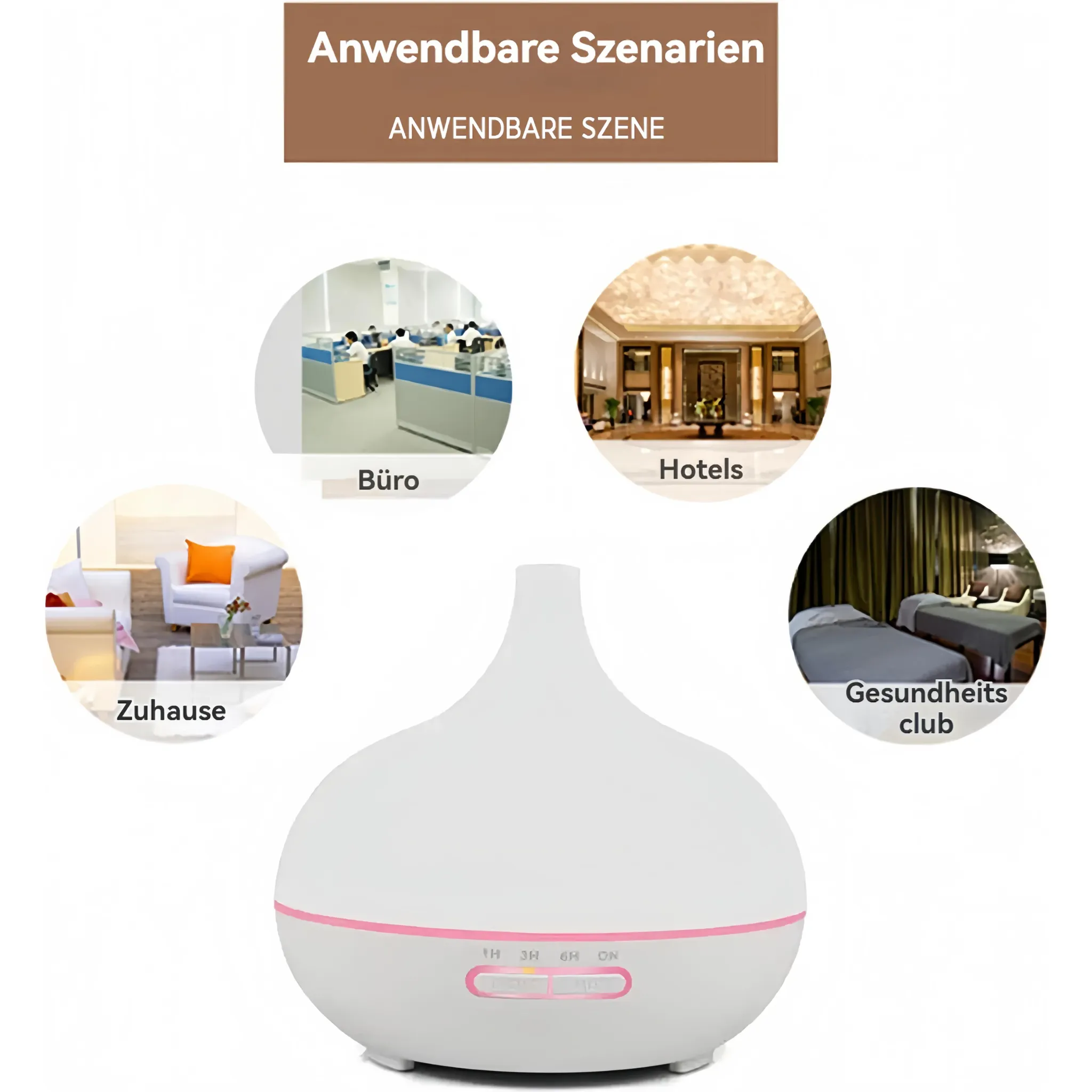 Ein weißer Diffusor mit rosa Akzenten, umgeben von Bildern für Zuhause, Büro, Hotels und Clubs.