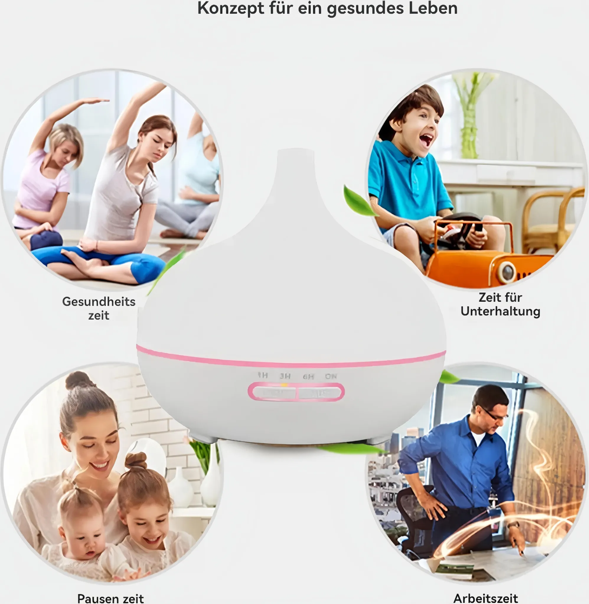Ein Diffusor mit vier Szenen: Yoga, Kinderspiel, Familie und Arbeit.