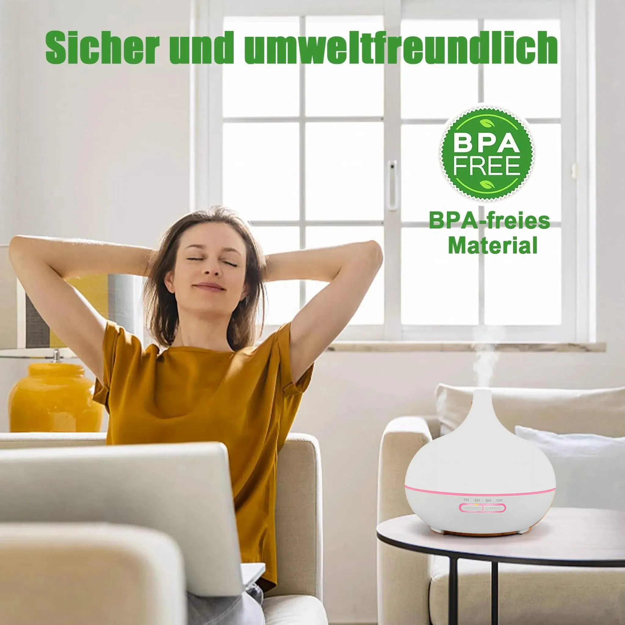 Eine Frau entspannt sich mit einem Diffusor. BPA-frei.