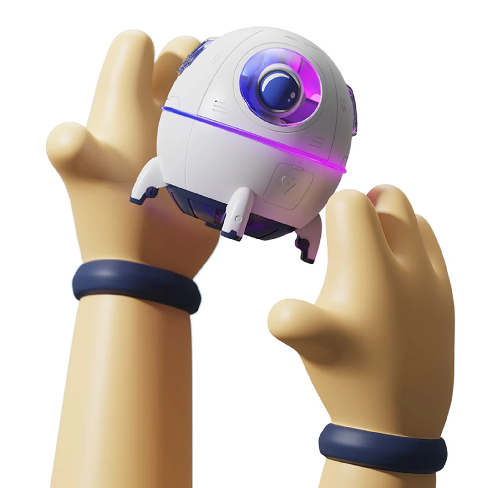 Hände halten einen kleinen weißen Roboter im Raketendesign mit blauen und violetten Lichtern.