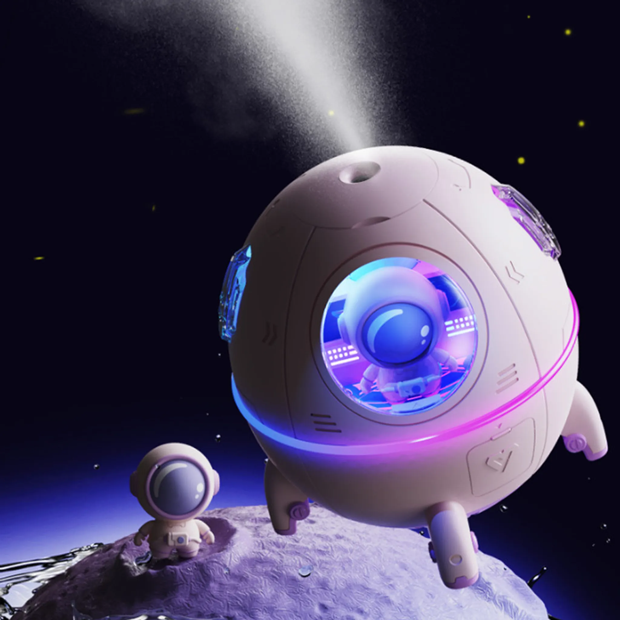 Ein Astronaut sitzt auf einem Mond, während ein Raumschiff mit Nebel in den Weltraum sprüht.