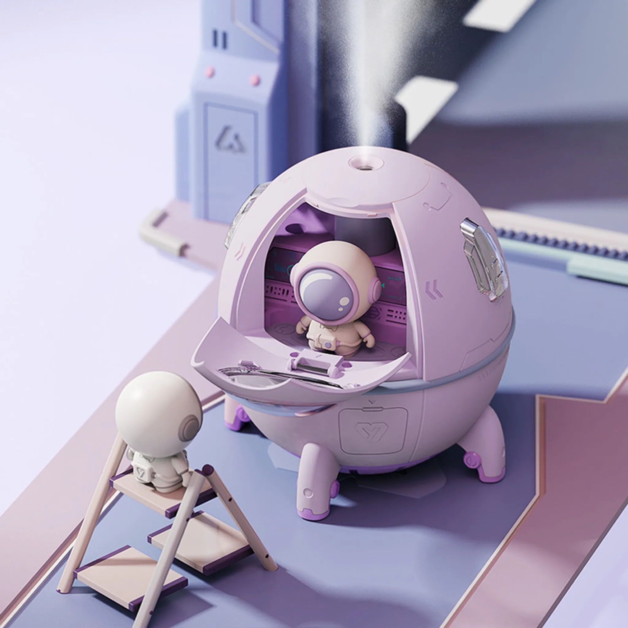 Ein kleiner Astronaut sitzt in einem lila Raumschiff-Diffusor. Ein anderer Astronaut steht auf einer Leiter daneben.
