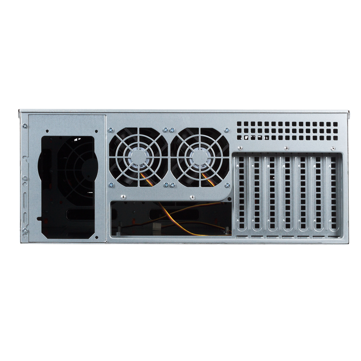 Rückseite eines silbernen Computergehäuses mit Lüftern und Erweiterungssteckplätzen.